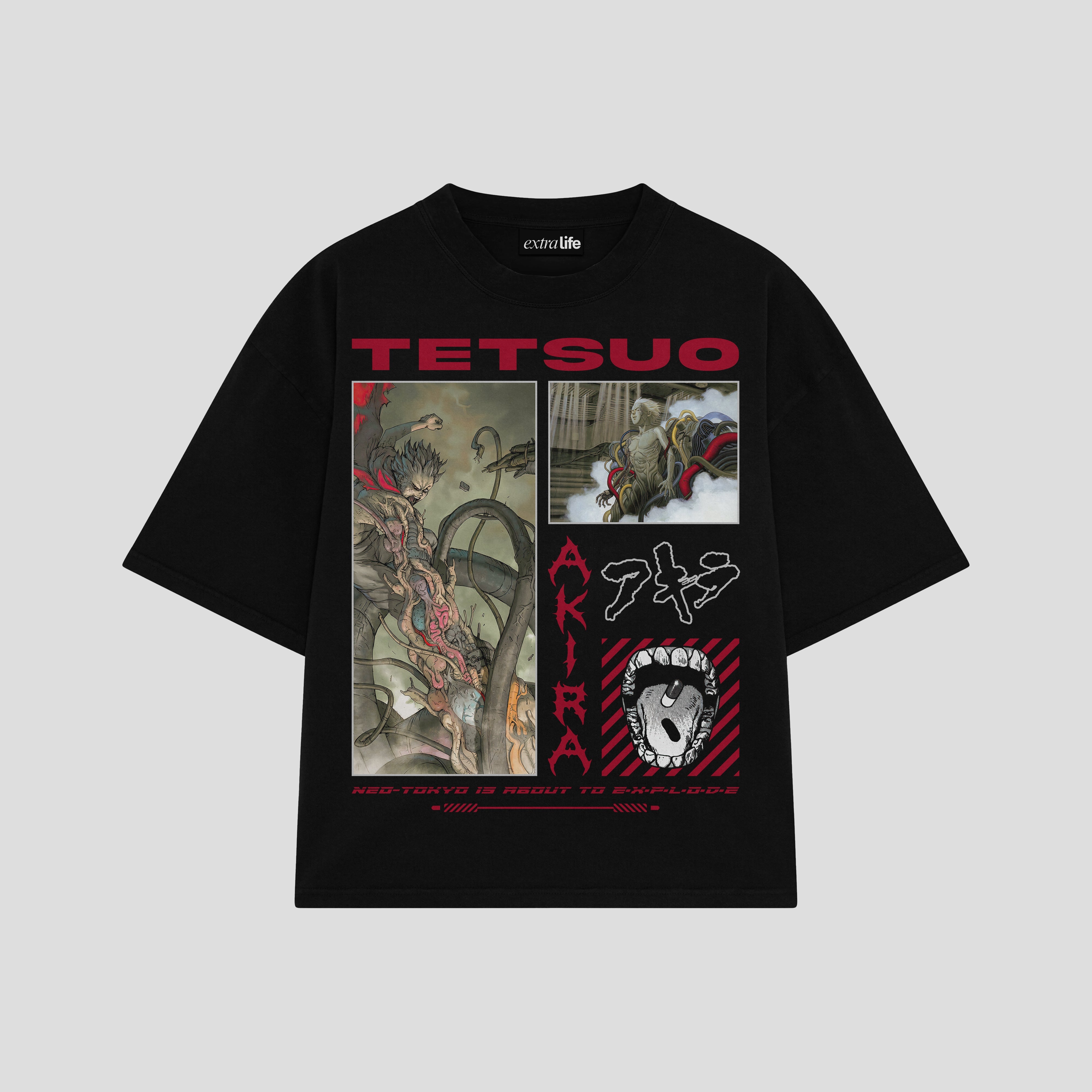 Playera streetwear premium de anime y gaming ExtraLife MX, corte boxy oversized drop shoulder heavyweight en color Deep Black y Off-White, moda urbana mexicana de culto.