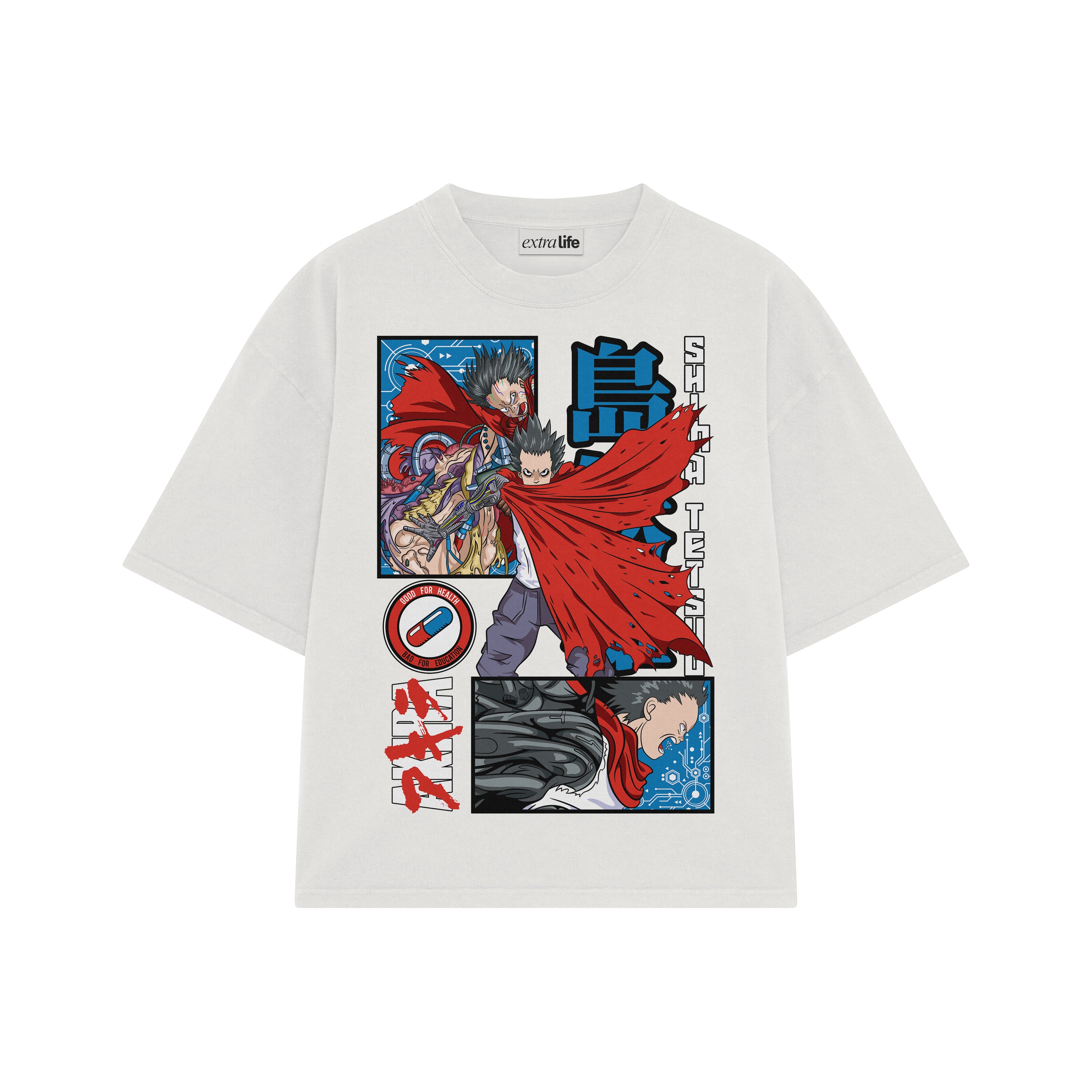 Playera streetwear premium de anime y gaming ExtraLife MX, corte boxy oversized drop shoulder heavyweight en color Deep Black y Off-White, moda urbana mexicana de culto.