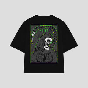Playera streetwear premium de anime y gaming ExtraLife MX, corte boxy oversized drop shoulder heavyweight en color Deep Black y Off-White, moda urbana mexicana de culto.