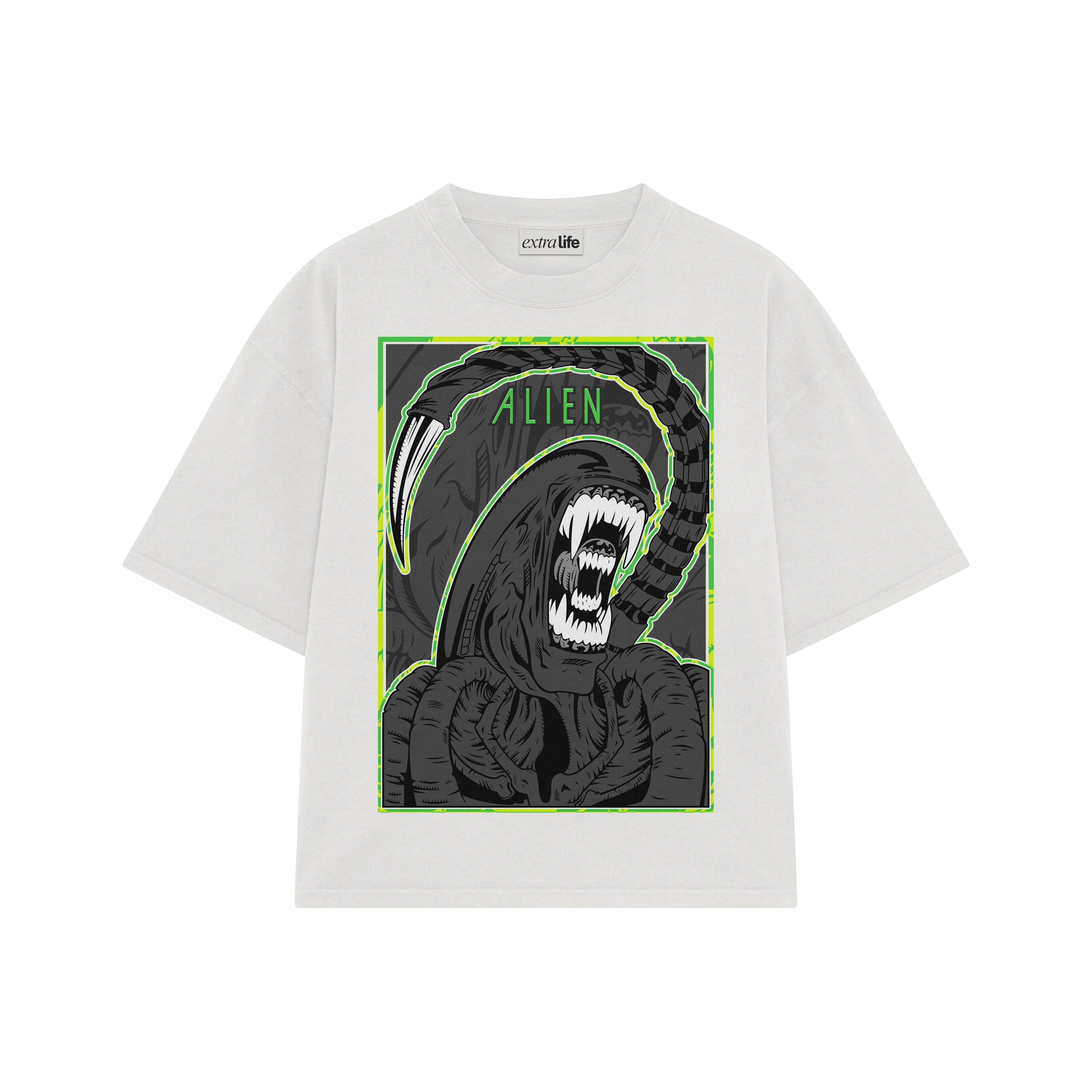 Playera streetwear premium de anime y gaming ExtraLife MX, corte boxy oversized drop shoulder heavyweight en color Deep Black y Off-White, moda urbana mexicana de culto.