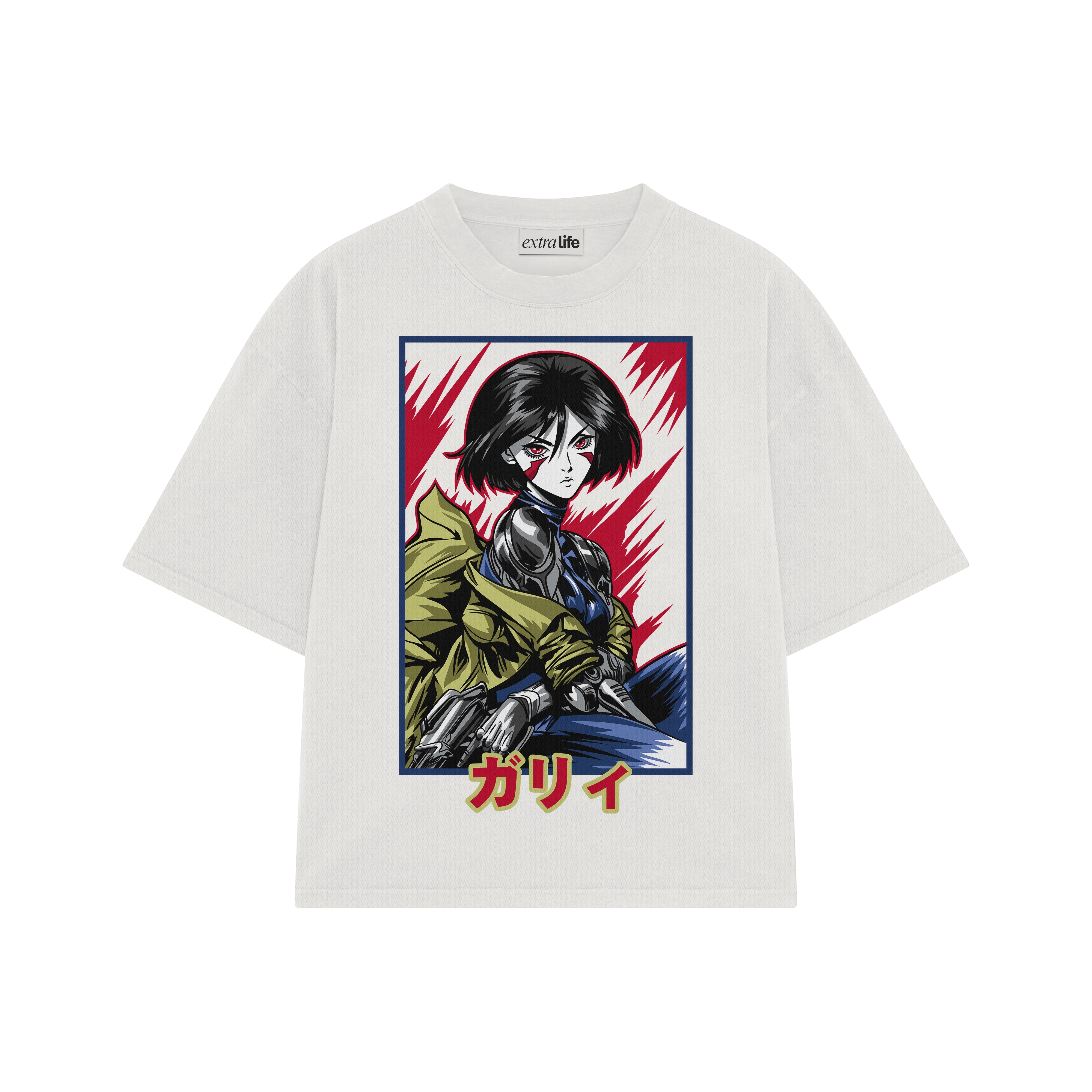 Playera streetwear premium de anime y gaming ExtraLife MX, corte boxy oversized drop shoulder heavyweight en color Deep Black y Off-White, moda urbana mexicana de culto.