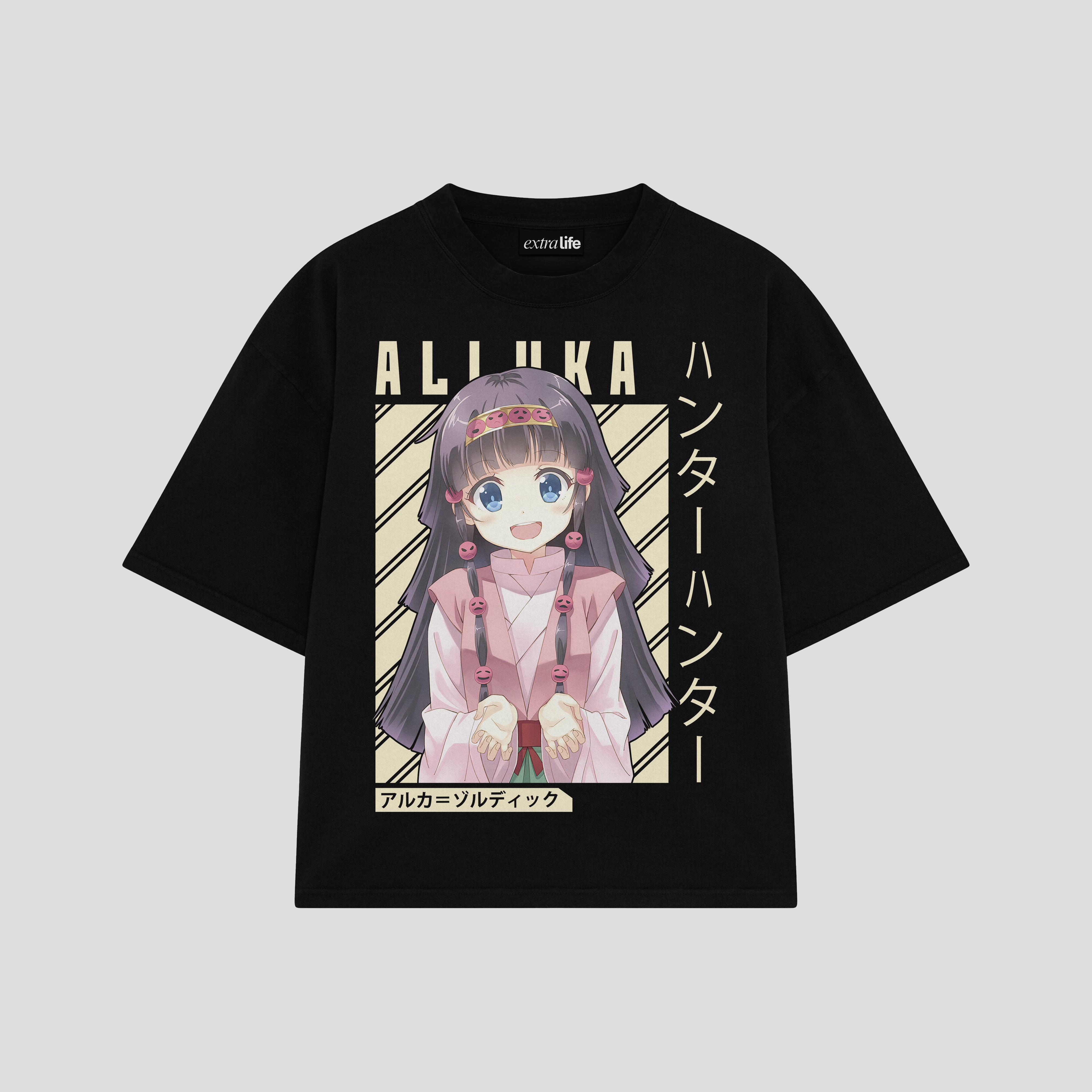Playera streetwear premium de anime y gaming ExtraLife MX, corte boxy oversized drop shoulder heavyweight en color Deep Black y Off-White, moda urbana mexicana de culto.