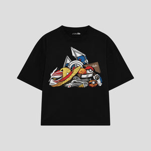 Playera streetwear premium de anime y gaming ExtraLife MX, corte boxy oversized drop shoulder heavyweight en color Deep Black y Off-White, moda urbana mexicana de culto.