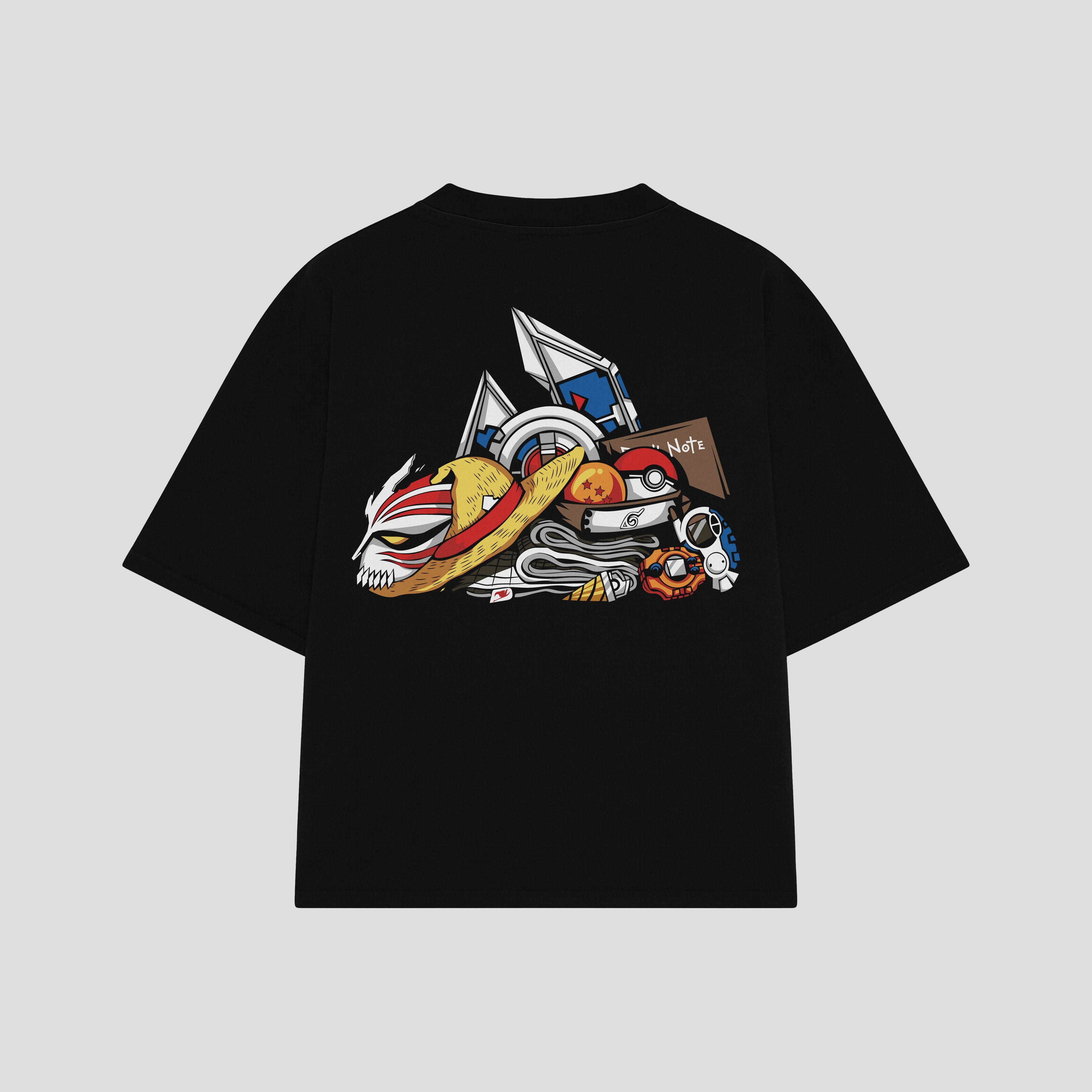 Playera streetwear premium de anime y gaming ExtraLife MX, corte boxy oversized drop shoulder heavyweight en color Deep Black y Off-White, moda urbana mexicana de culto.