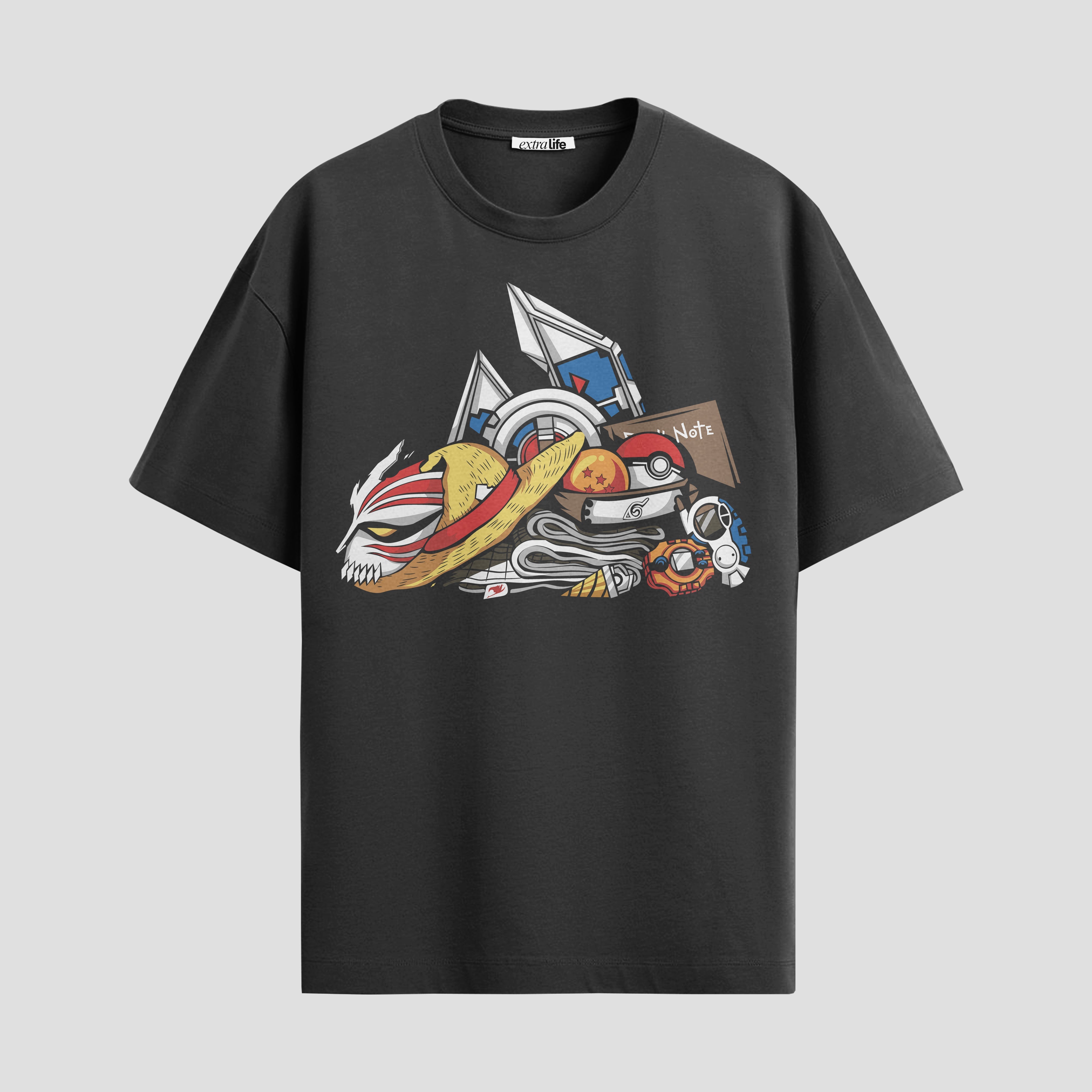 Playera urbana de anime y gaming ExtraLife MX, corte Standard Fit unisex ligero y transpirable en color Deep Black y Pure White, ropa de uso diario para gym y casual.