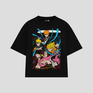 Playera streetwear premium de anime y gaming ExtraLife MX, corte boxy oversized drop shoulder heavyweight en color Deep Black y Off-White, moda urbana mexicana de culto.