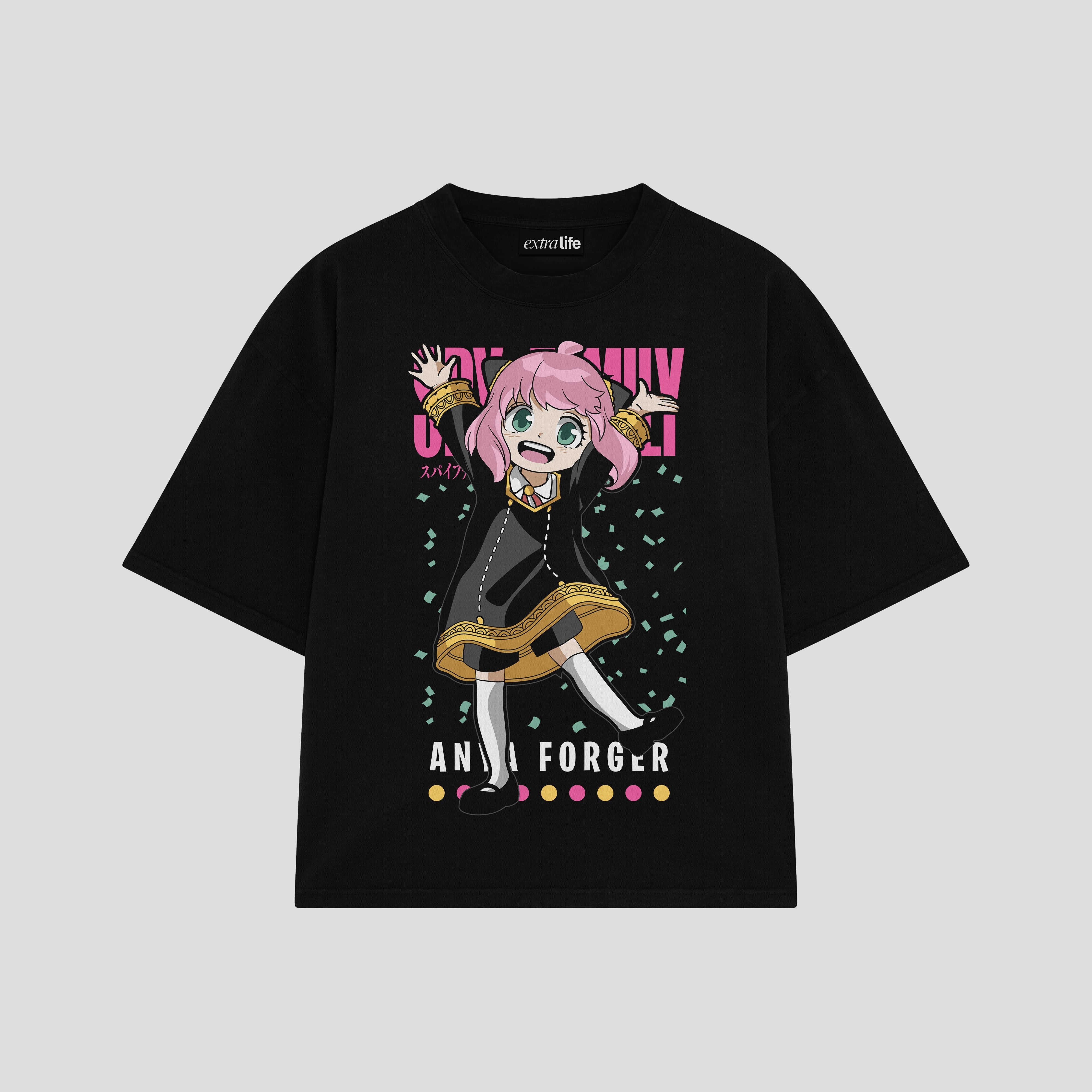 Playera streetwear premium de anime y gaming ExtraLife MX, corte boxy oversized drop shoulder heavyweight en color Deep Black y Off-White, moda urbana mexicana de culto.