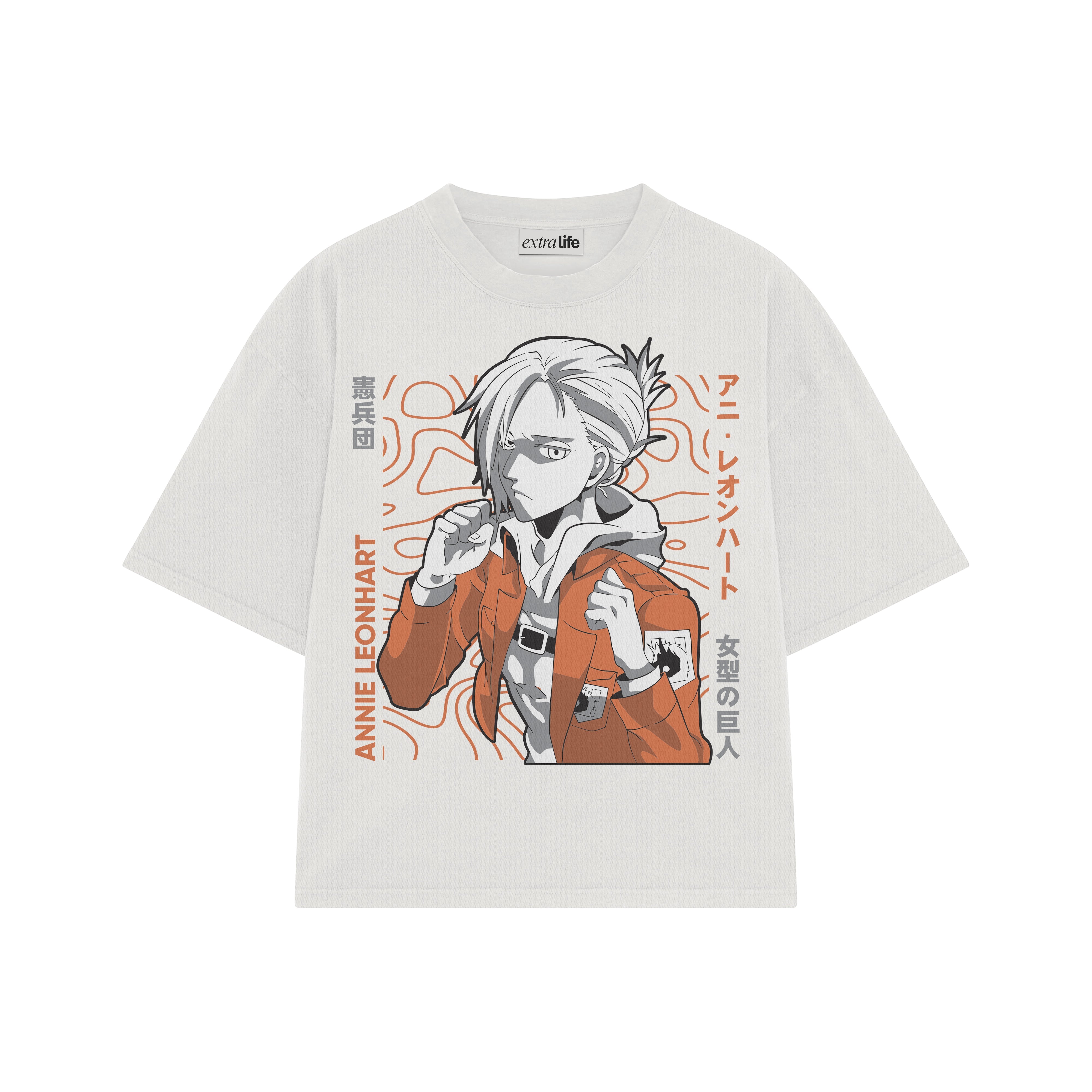 Playera streetwear premium de anime y gaming ExtraLife MX, corte boxy oversized drop shoulder heavyweight en color Deep Black y Off-White, moda urbana mexicana de culto.