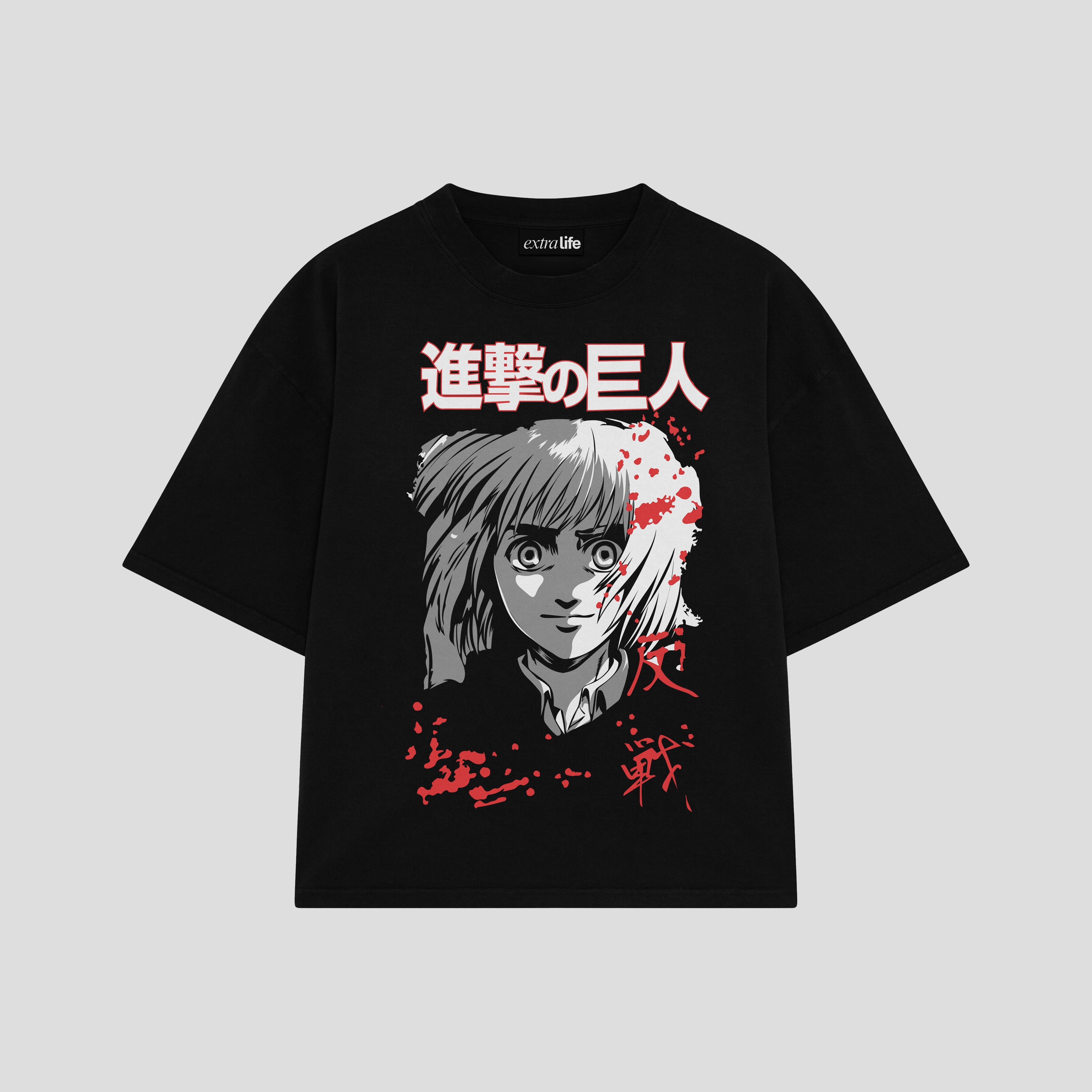 Playera streetwear premium de anime y gaming ExtraLife MX, corte boxy oversized drop shoulder heavyweight en color Deep Black y Off-White, moda urbana mexicana de culto.