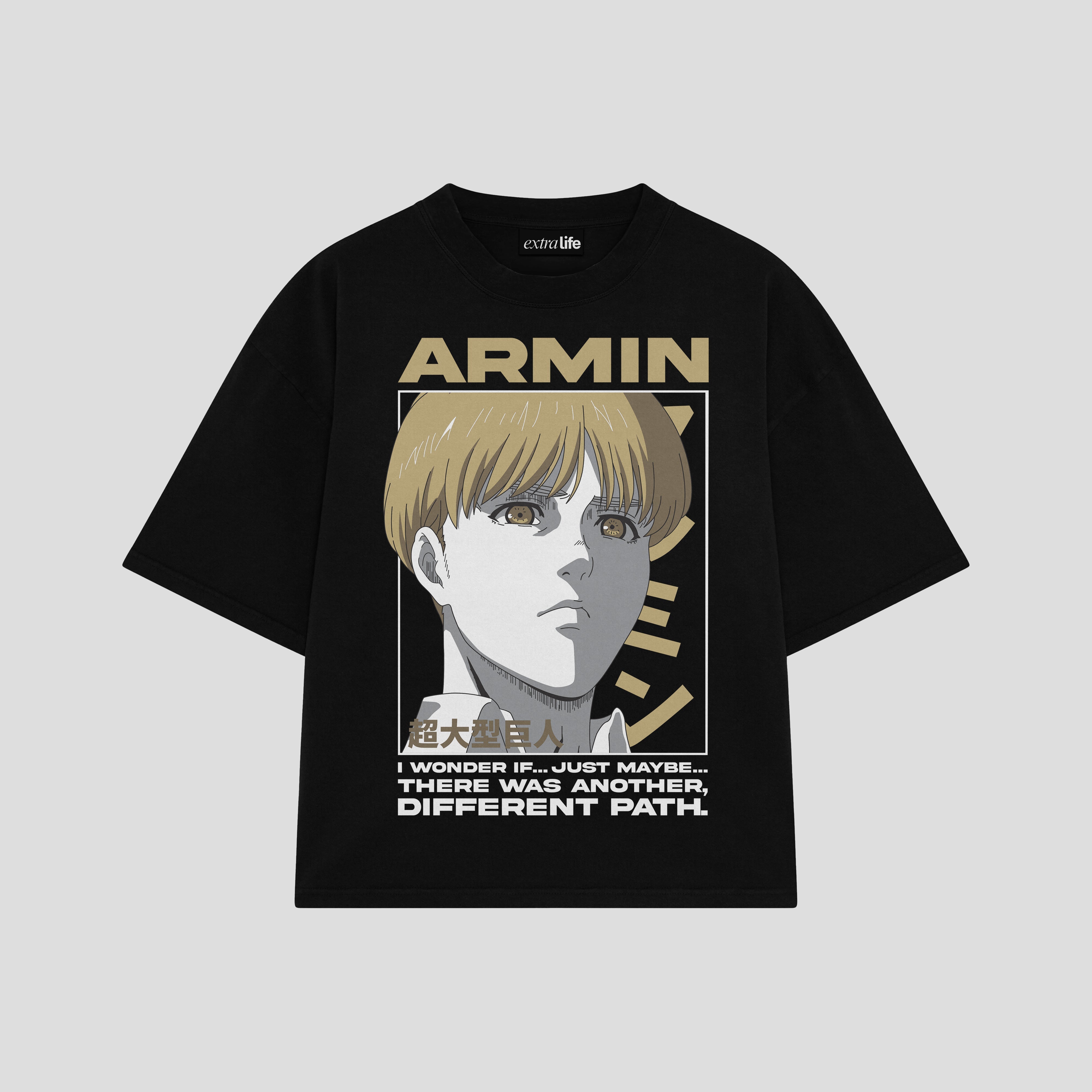 Playera streetwear premium de anime y gaming ExtraLife MX, corte boxy oversized drop shoulder heavyweight en color Deep Black y Off-White, moda urbana mexicana de culto.