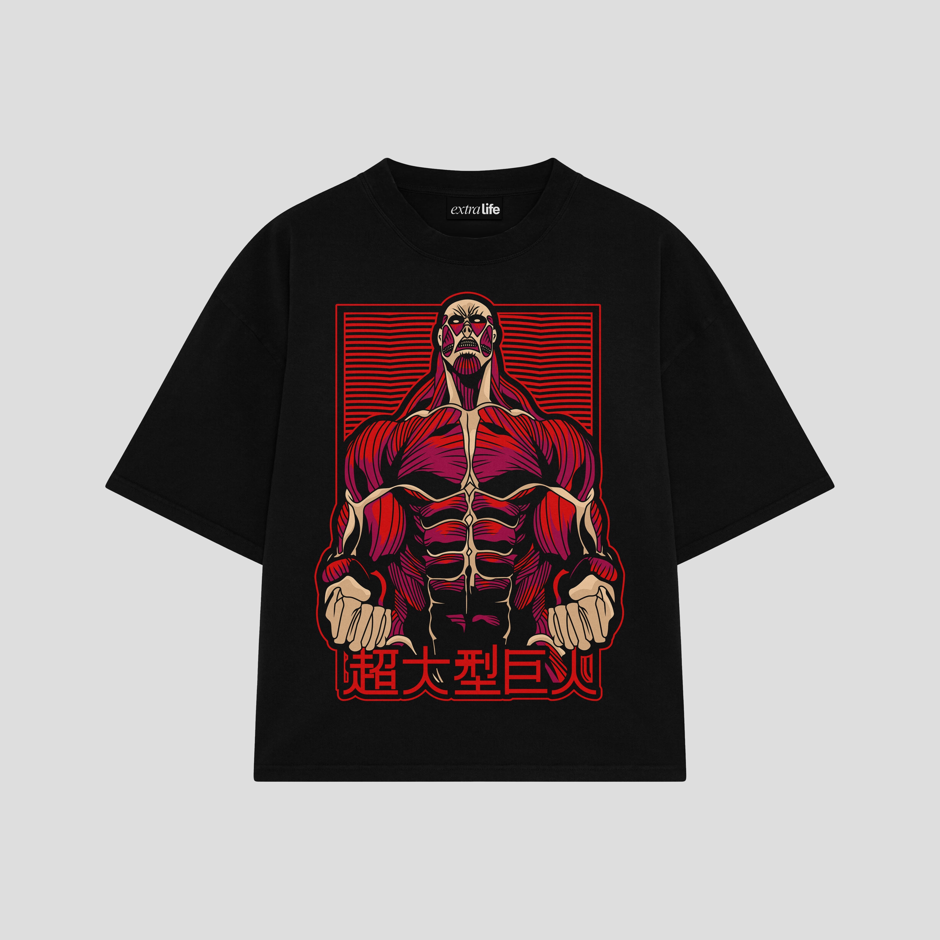 Playera streetwear premium de anime y gaming ExtraLife MX, corte boxy oversized drop shoulder heavyweight en color Deep Black y Off-White, moda urbana mexicana de culto.