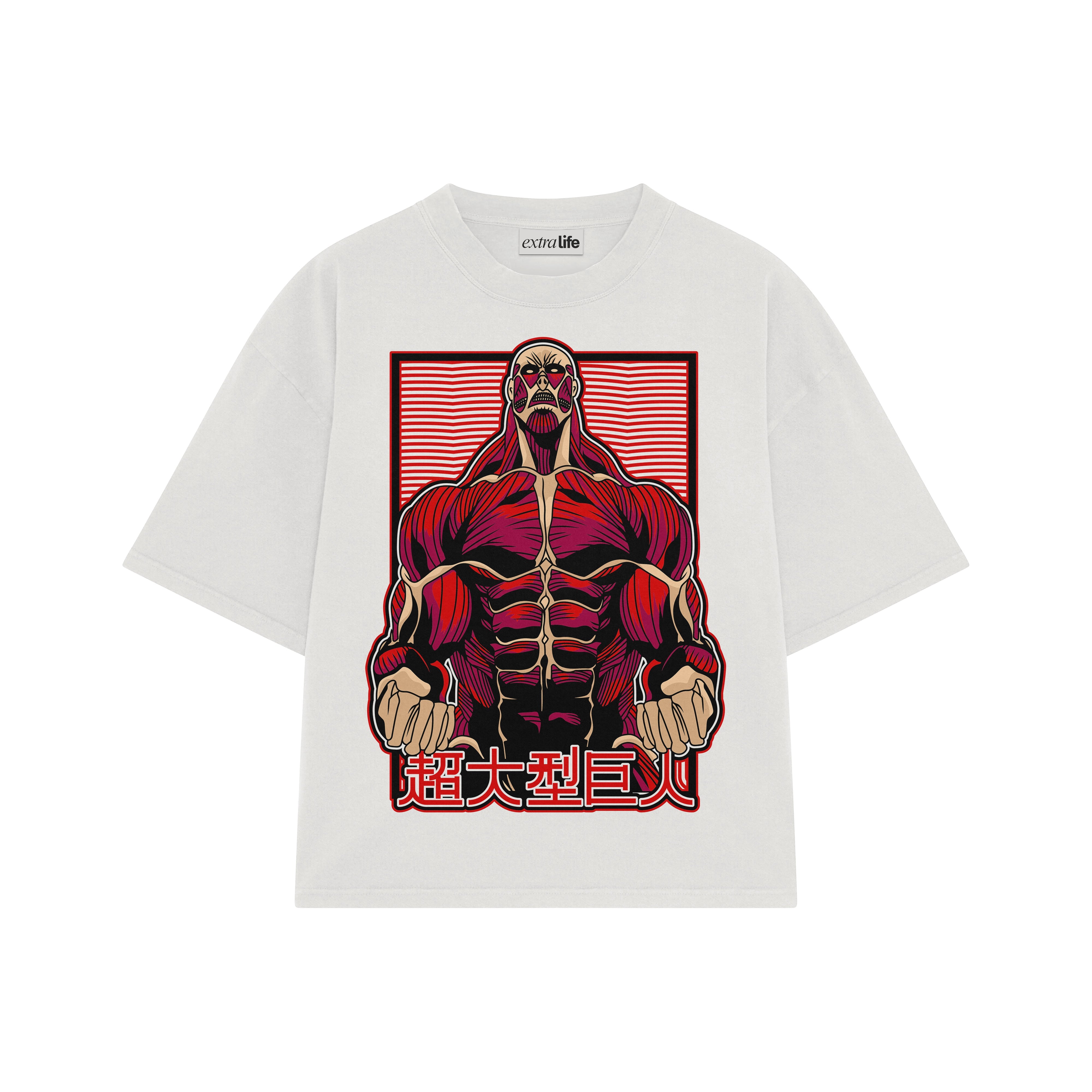 Playera streetwear premium de anime y gaming ExtraLife MX, corte boxy oversized drop shoulder heavyweight en color Deep Black y Off-White, moda urbana mexicana de culto.