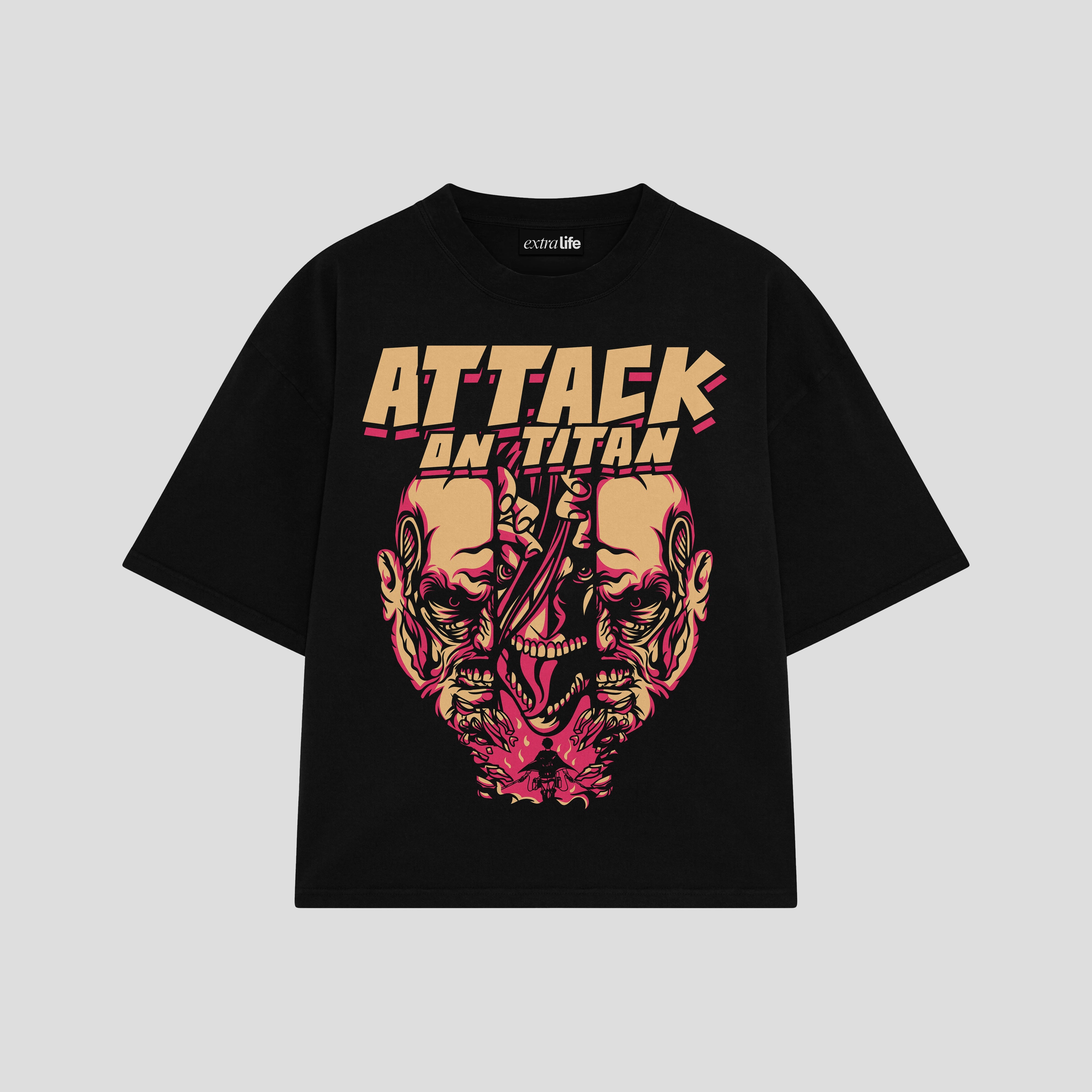 Playera streetwear premium de anime y gaming ExtraLife MX, corte boxy oversized drop shoulder heavyweight en color Deep Black y Off-White, moda urbana mexicana de culto.