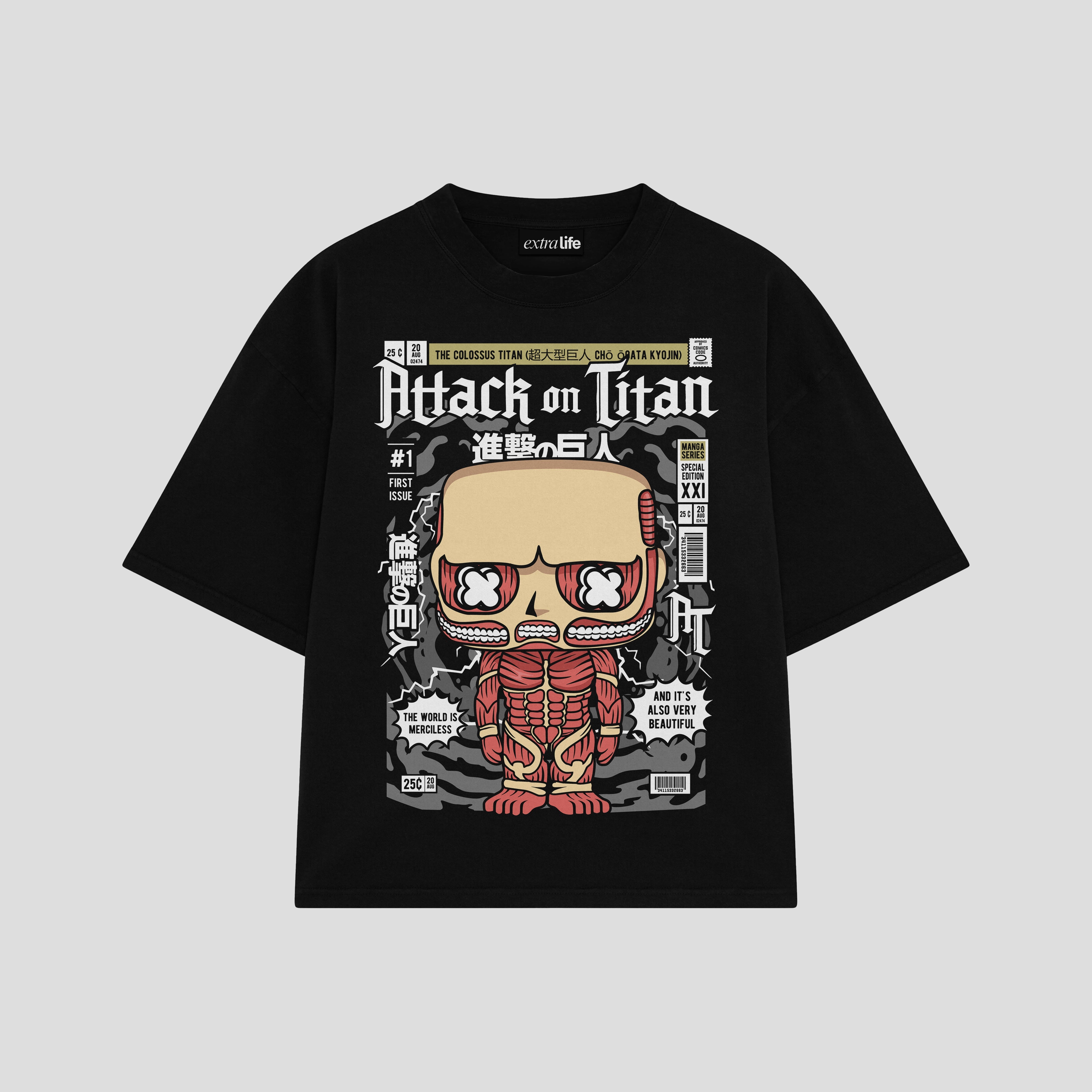 Playera streetwear premium de anime y gaming ExtraLife MX, corte boxy oversized drop shoulder heavyweight en color Deep Black y Off-White, moda urbana mexicana de culto.