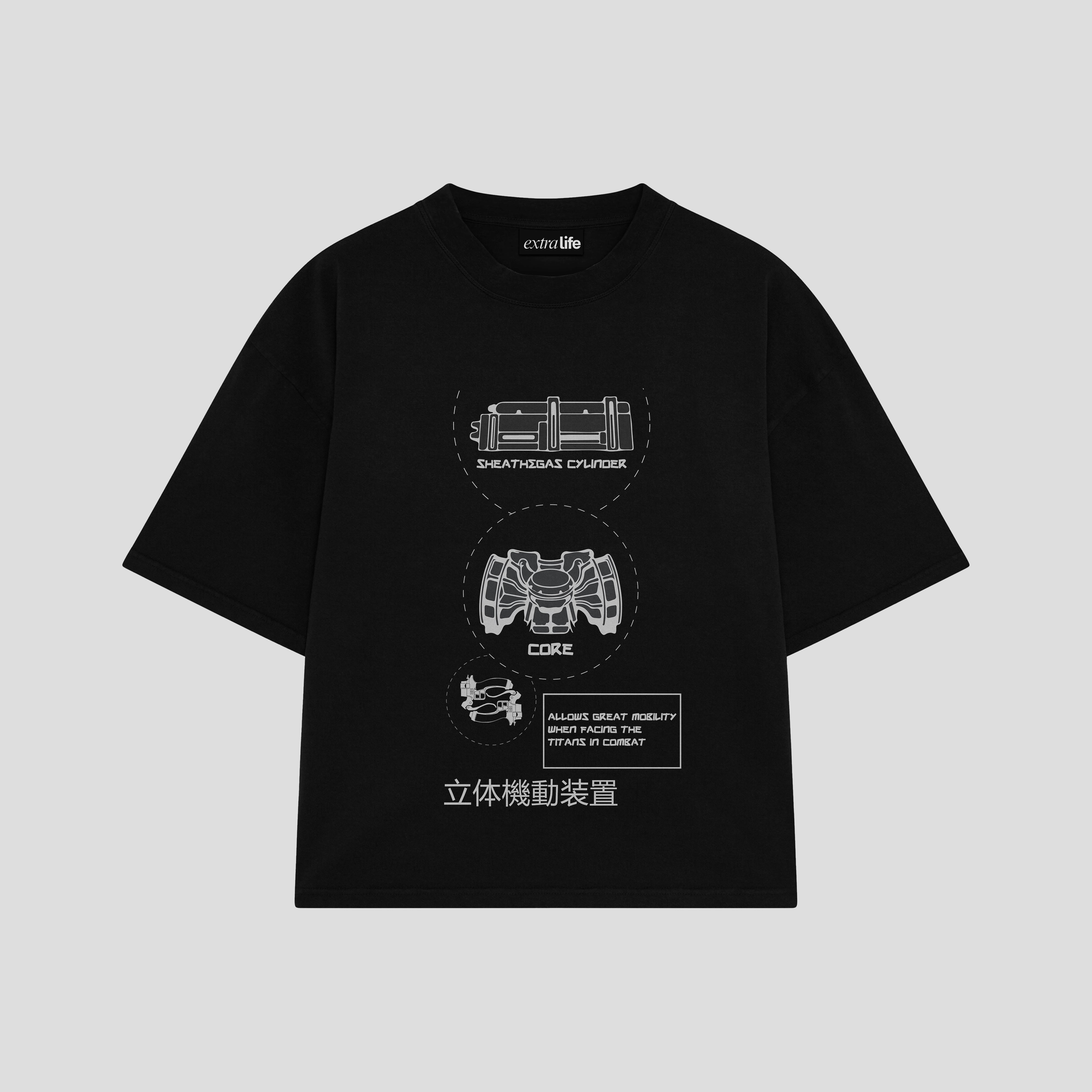Playera streetwear premium de anime y gaming ExtraLife MX, corte boxy oversized drop shoulder heavyweight en color Deep Black y Off-White, moda urbana mexicana de culto.