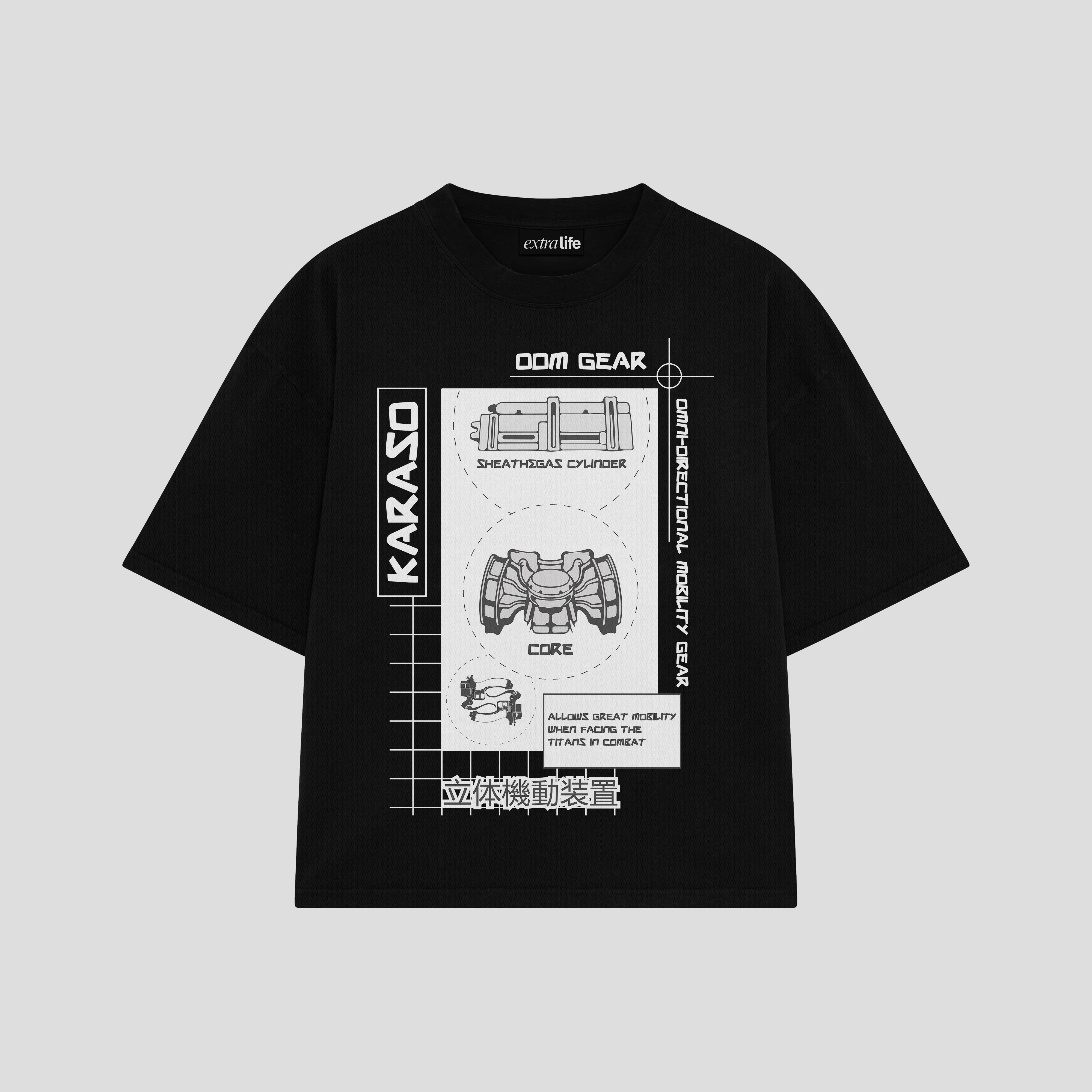 Playera streetwear premium de anime y gaming ExtraLife MX, corte boxy oversized drop shoulder heavyweight en color Deep Black y Off-White, moda urbana mexicana de culto.
