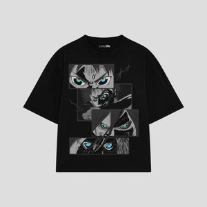 Playera streetwear premium de anime y gaming ExtraLife MX, corte boxy oversized drop shoulder heavyweight en color Deep Black y Off-White, moda urbana mexicana de culto.