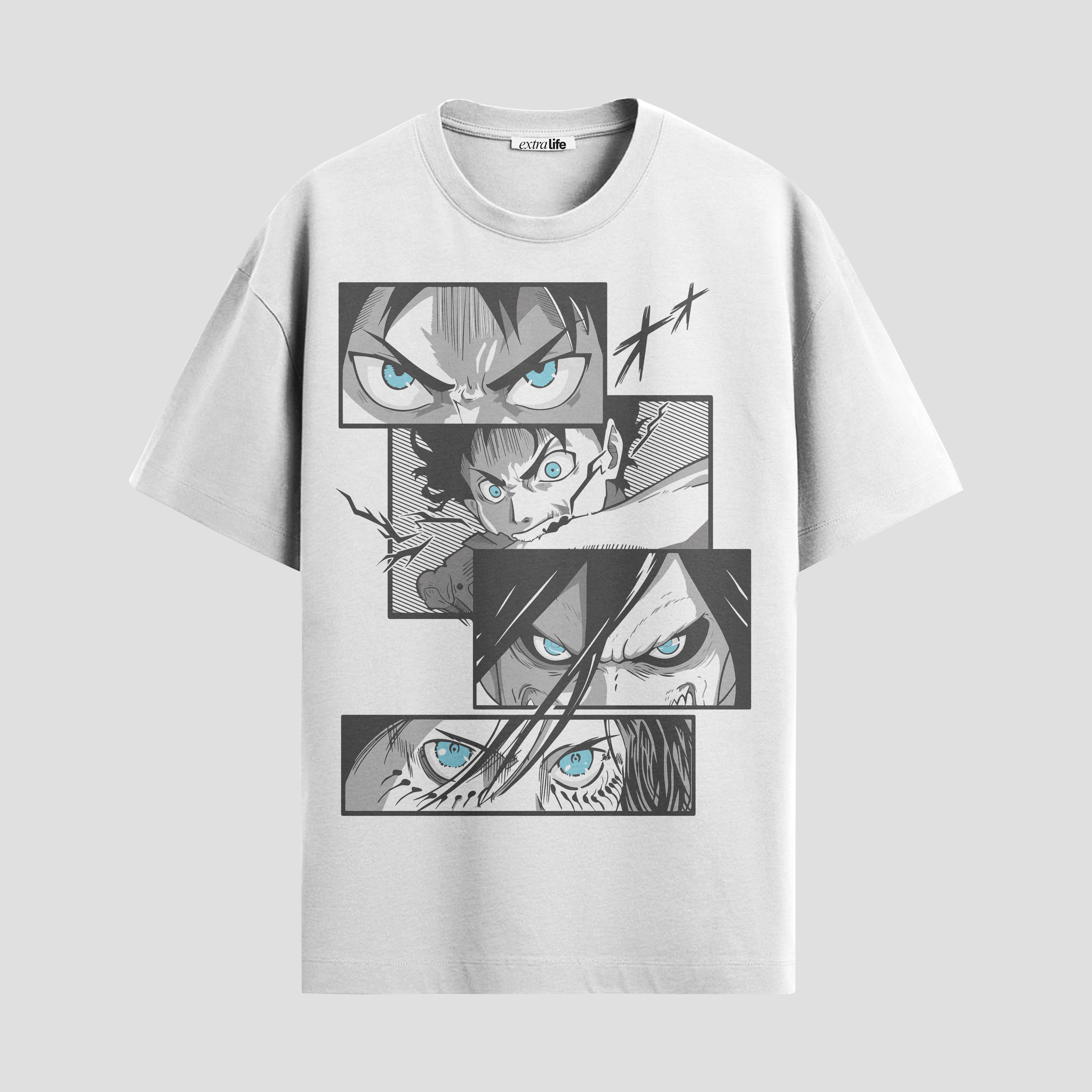 Playera urbana de anime y gaming ExtraLife MX, corte Standard Fit unisex ligero y transpirable en color Deep Black y Pure White, ropa de uso diario para gym y casual.