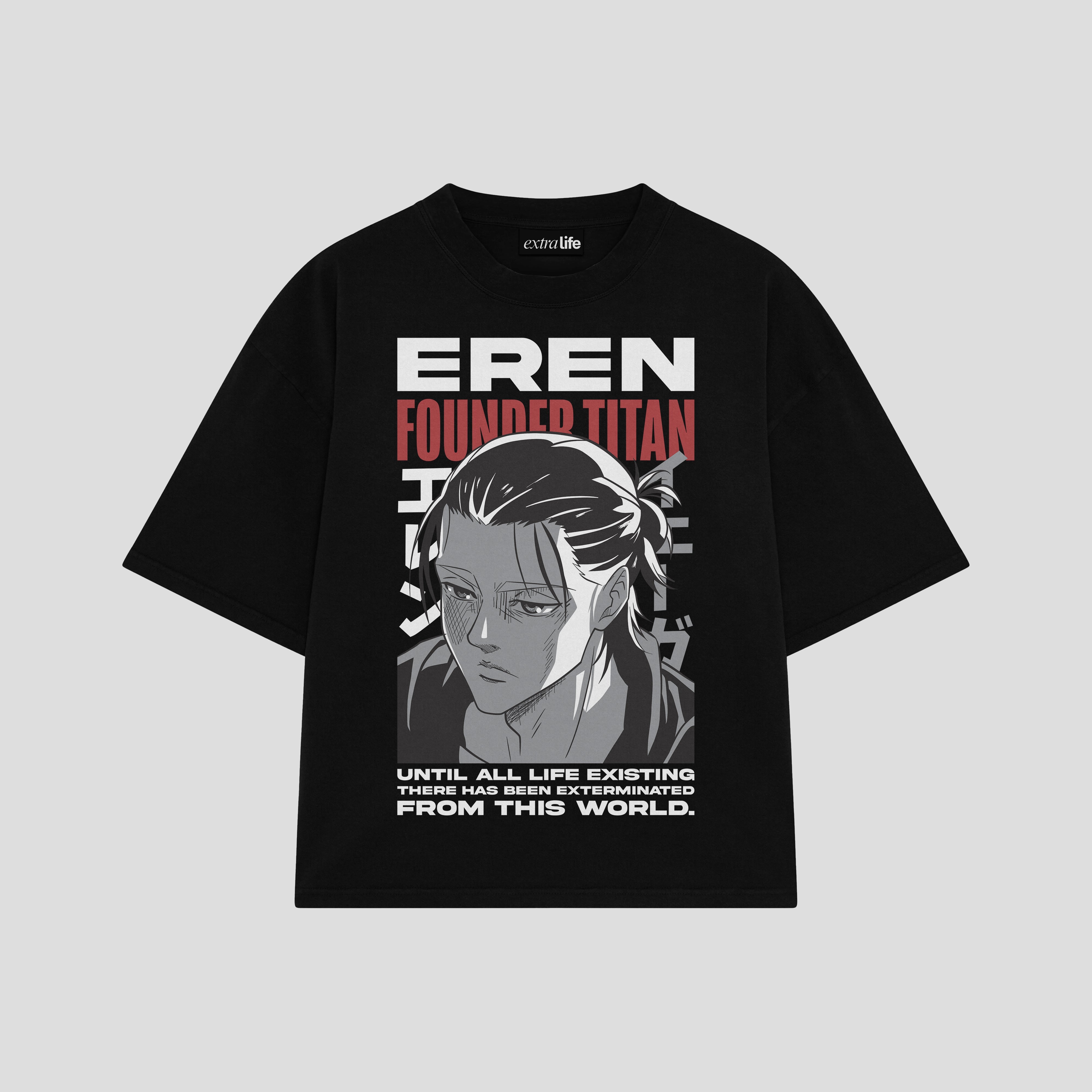 Playera streetwear premium de anime y gaming ExtraLife MX, corte boxy oversized drop shoulder heavyweight en color Deep Black y Off-White, moda urbana mexicana de culto.