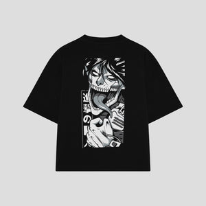 Playera streetwear premium de anime y gaming ExtraLife MX, corte boxy oversized drop shoulder heavyweight en color Deep Black y Off-White, moda urbana mexicana de culto.