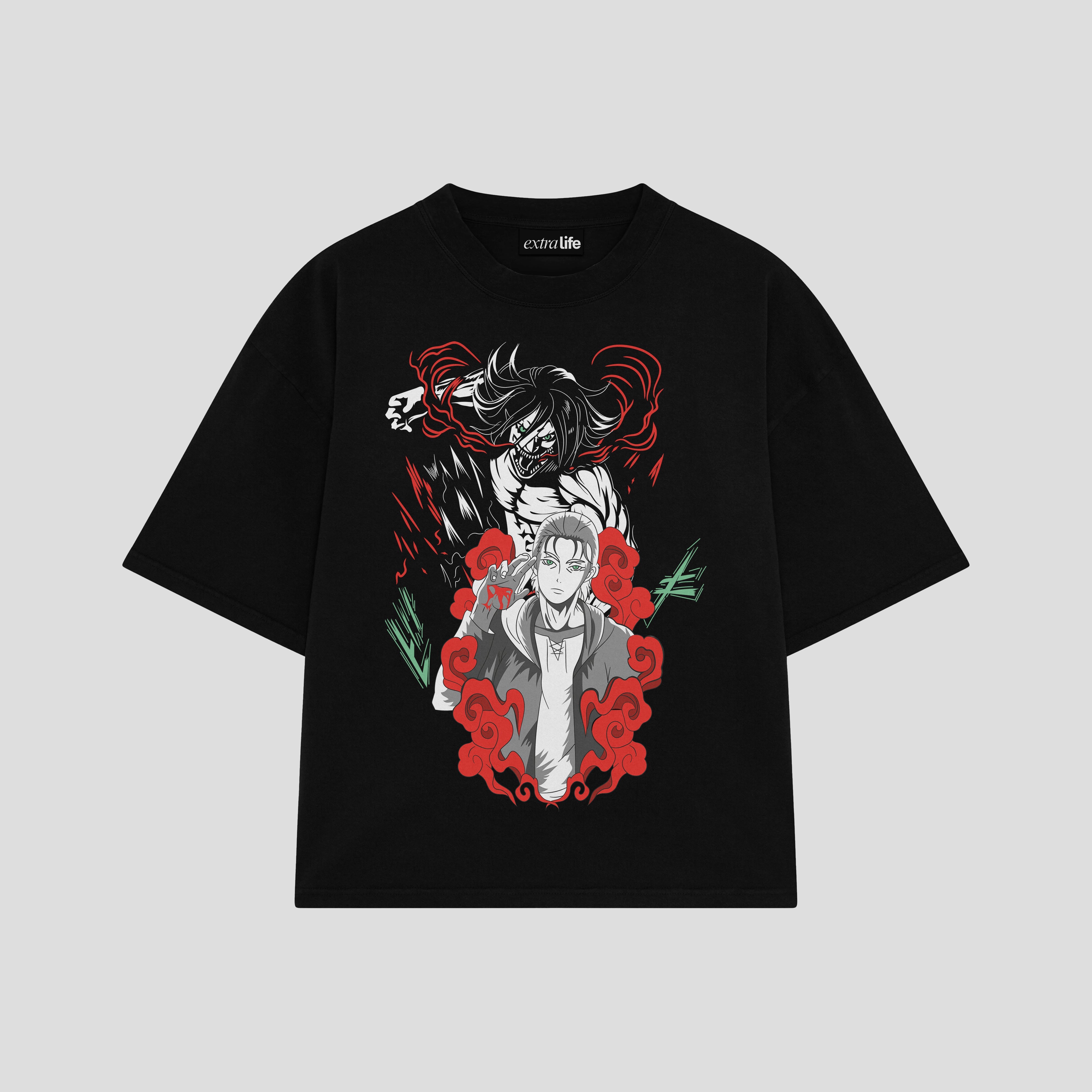 Playera streetwear premium de anime y gaming ExtraLife MX, corte boxy oversized drop shoulder heavyweight en color Deep Black y Off-White, moda urbana mexicana de culto.