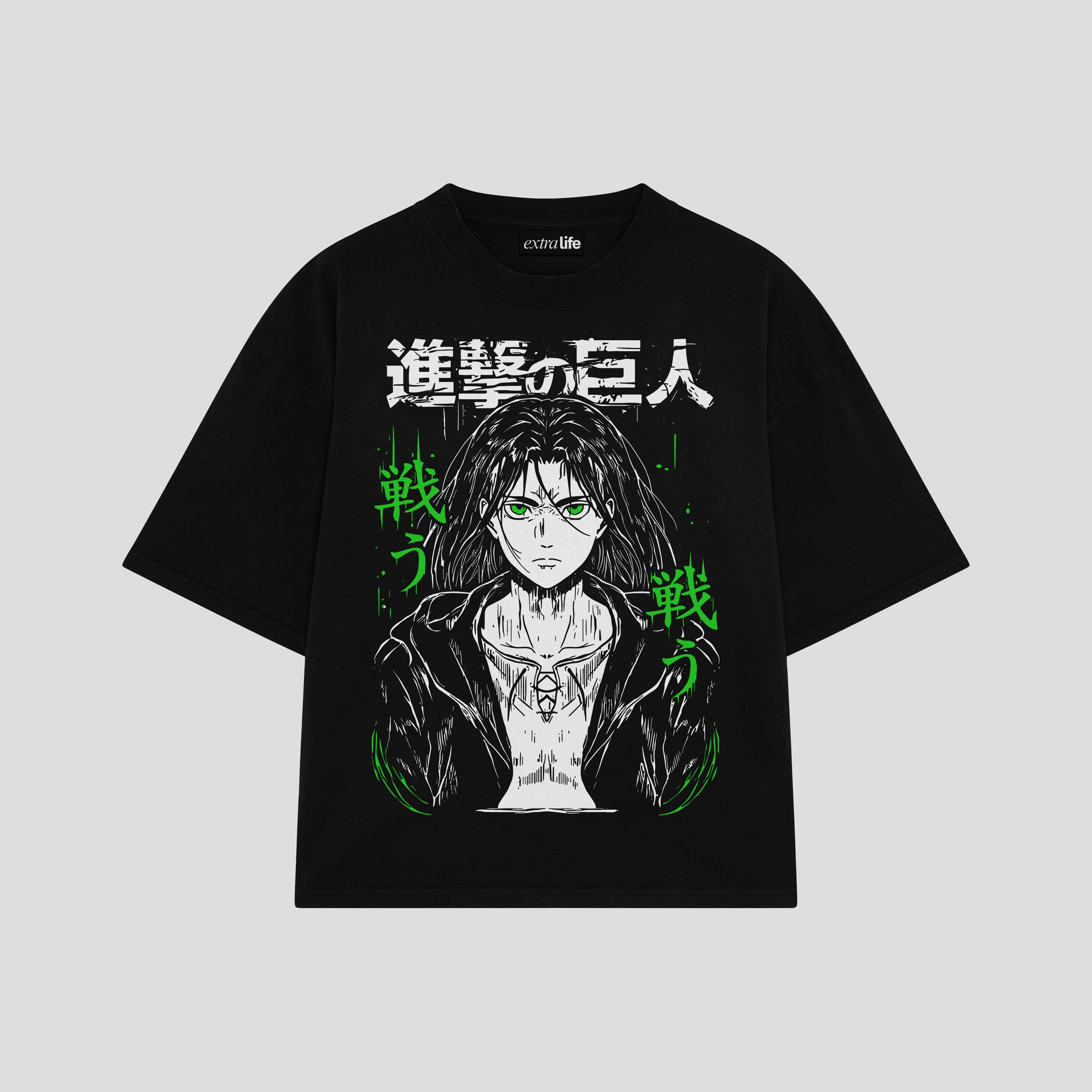 Playera streetwear premium de anime y gaming ExtraLife MX, corte boxy oversized drop shoulder heavyweight en color Deep Black y Off-White, moda urbana mexicana de culto.