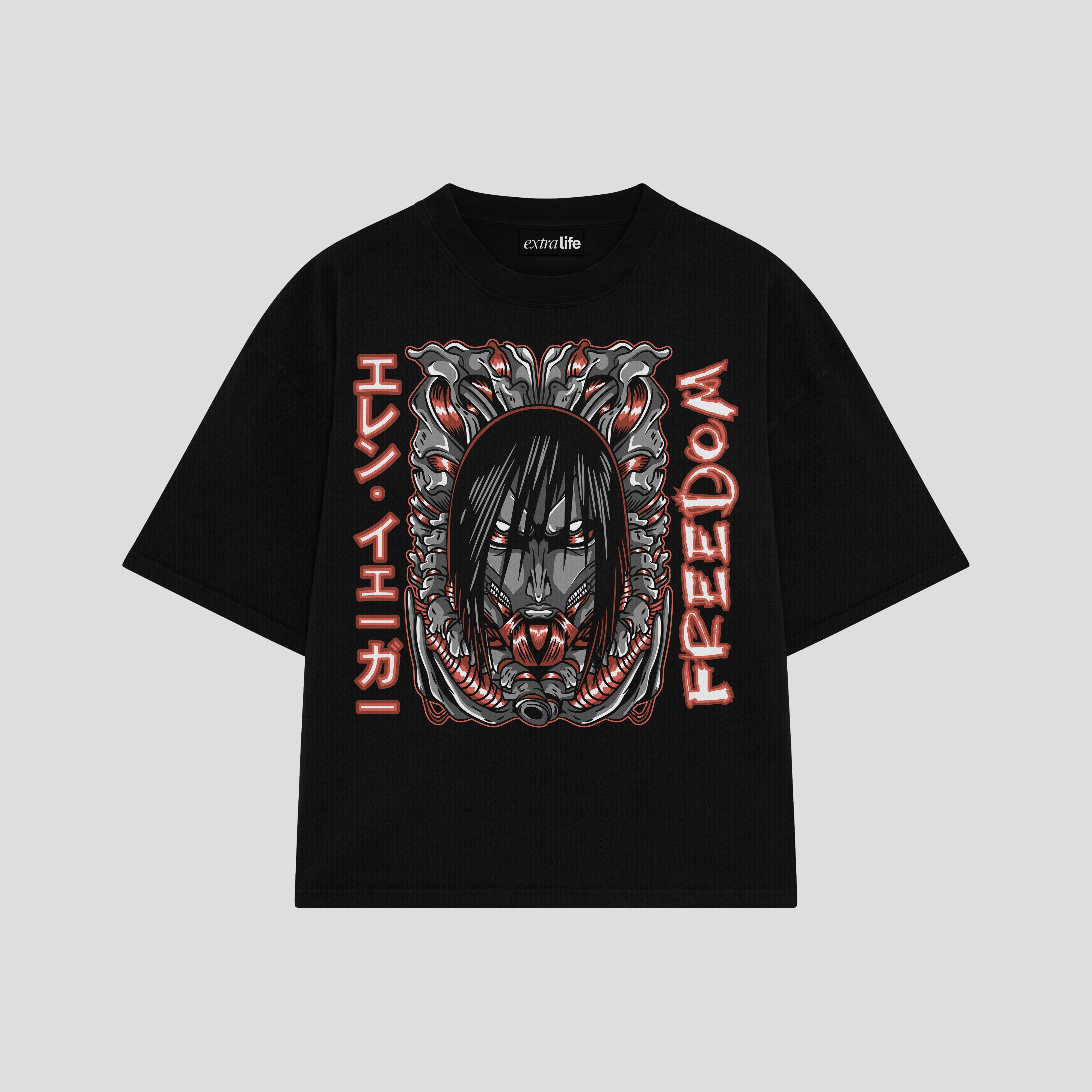 Playera streetwear premium de anime y gaming ExtraLife MX, corte boxy oversized drop shoulder heavyweight en color Deep Black y Off-White, moda urbana mexicana de culto.
