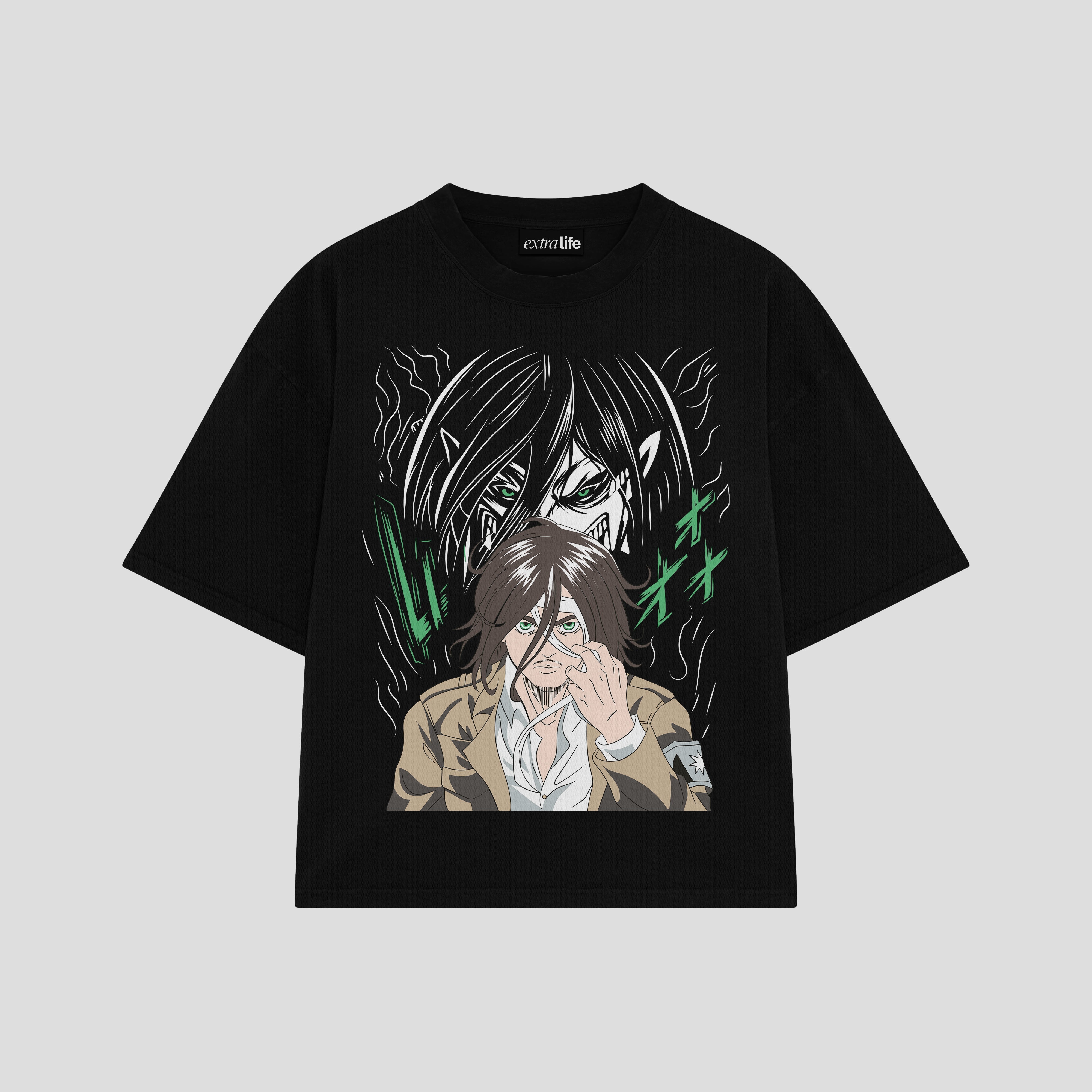 Playera streetwear premium de anime y gaming ExtraLife MX, corte boxy oversized drop shoulder heavyweight en color Deep Black y Off-White, moda urbana mexicana de culto.