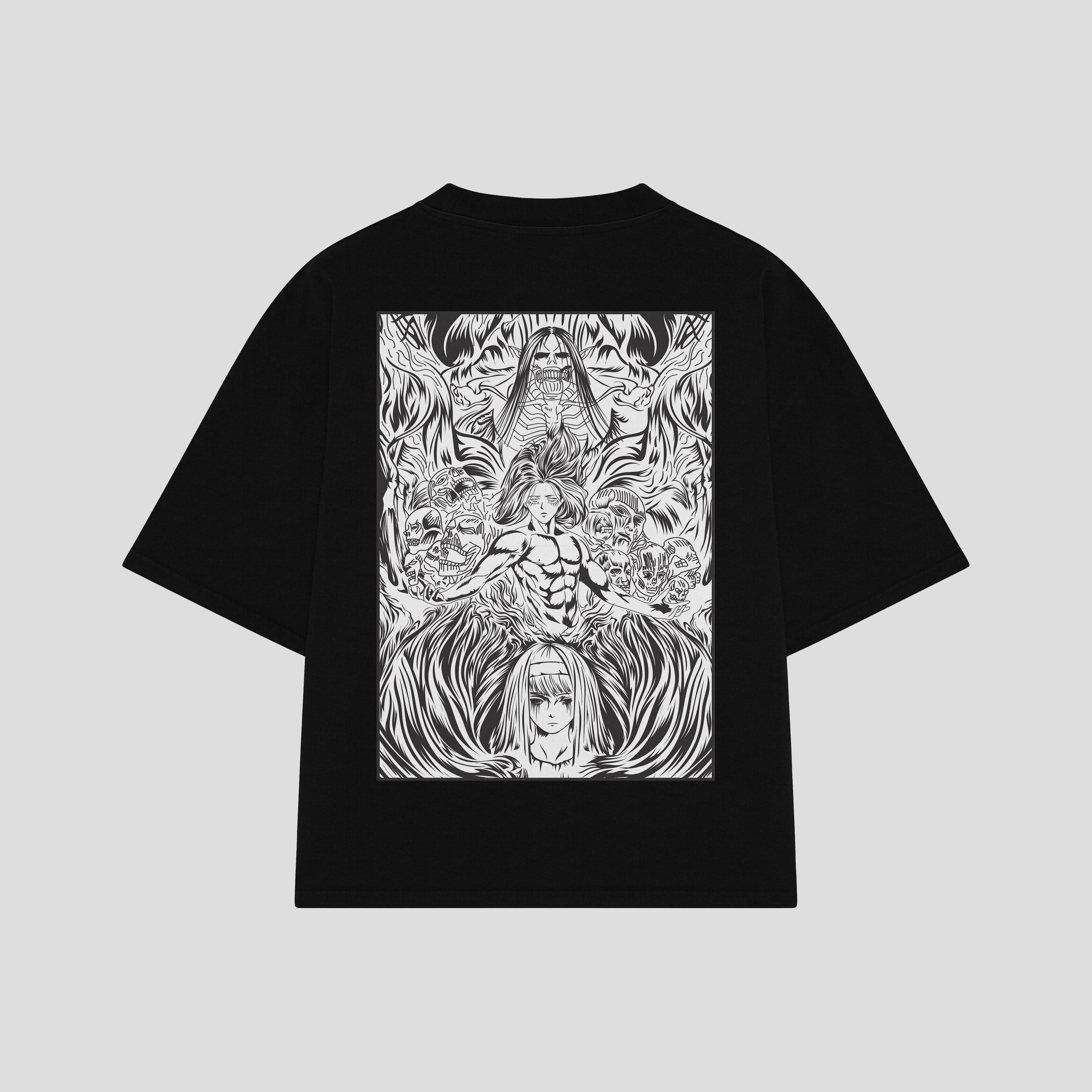 Playera streetwear premium de anime y gaming ExtraLife MX, corte boxy oversized drop shoulder heavyweight en color Deep Black y Off-White, moda urbana mexicana de culto.