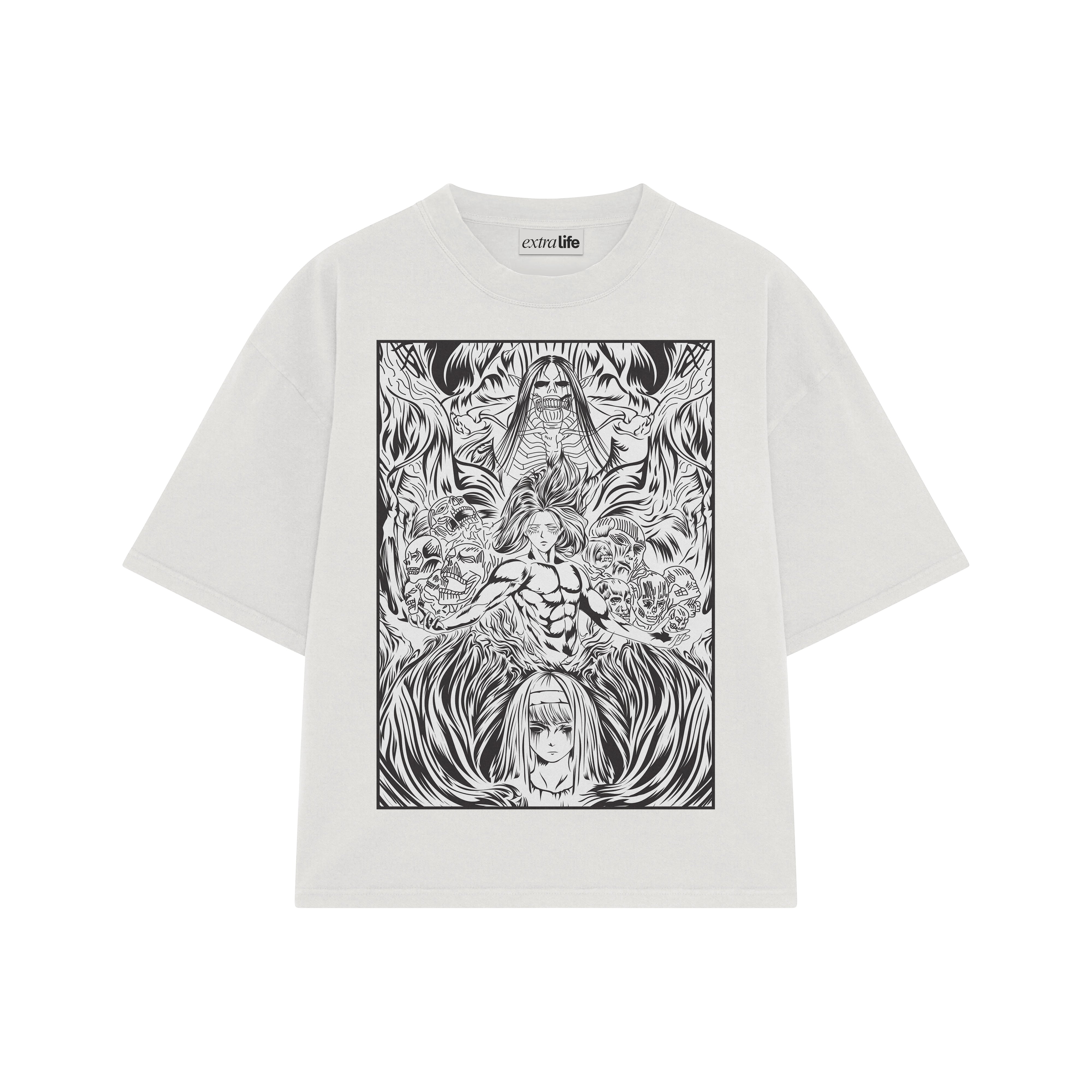 Playera streetwear premium de anime y gaming ExtraLife MX, corte boxy oversized drop shoulder heavyweight en color Deep Black y Off-White, moda urbana mexicana de culto.