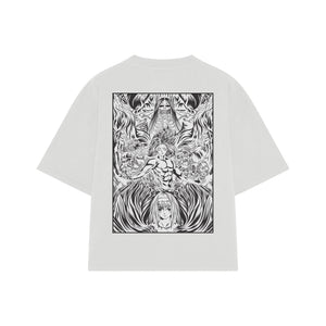 Playera streetwear premium de anime y gaming ExtraLife MX, corte boxy oversized drop shoulder heavyweight en color Deep Black y Off-White, moda urbana mexicana de culto.