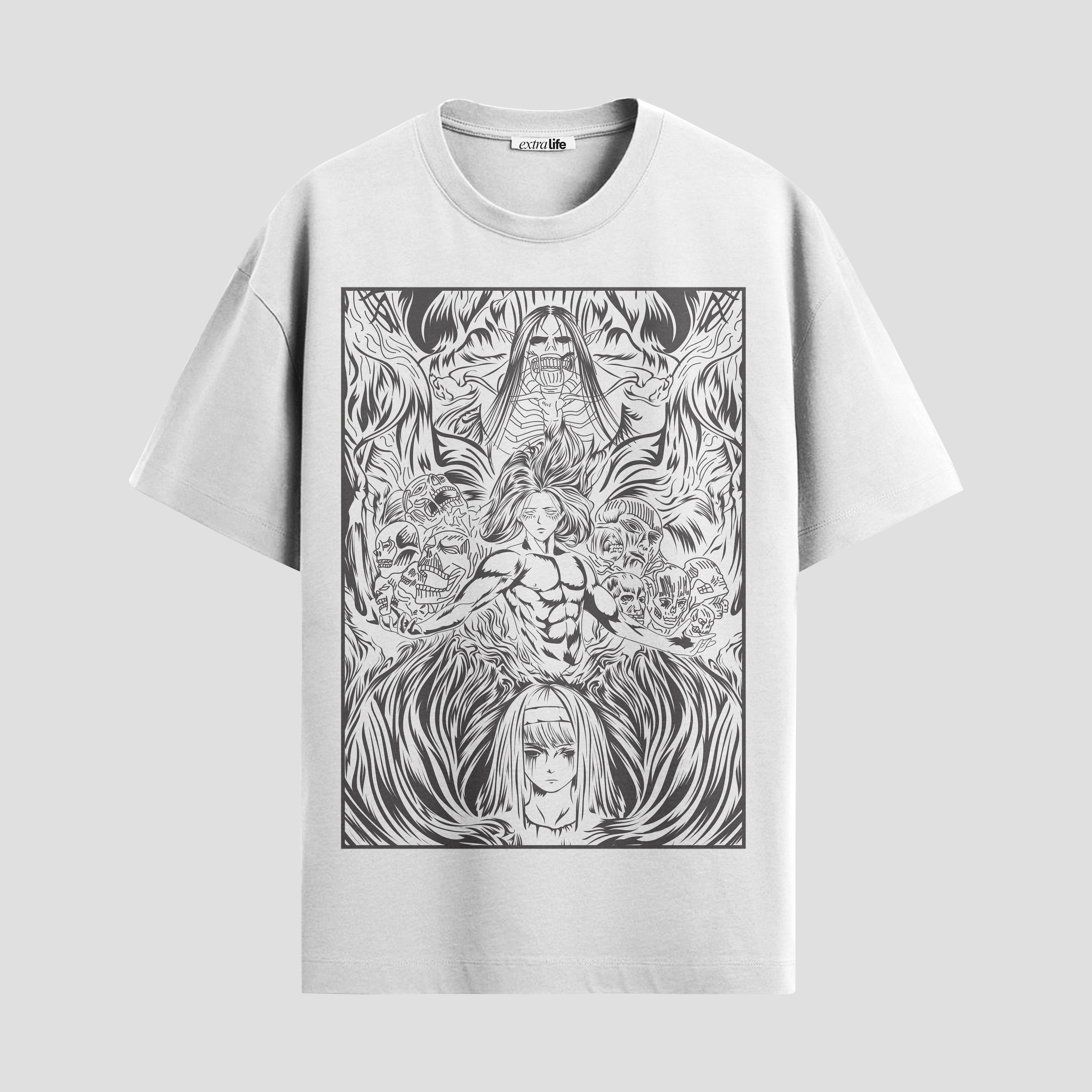 Playera urbana de anime y gaming ExtraLife MX, corte Standard Fit unisex ligero y transpirable en color Deep Black y Pure White, ropa de uso diario para gym y casual.