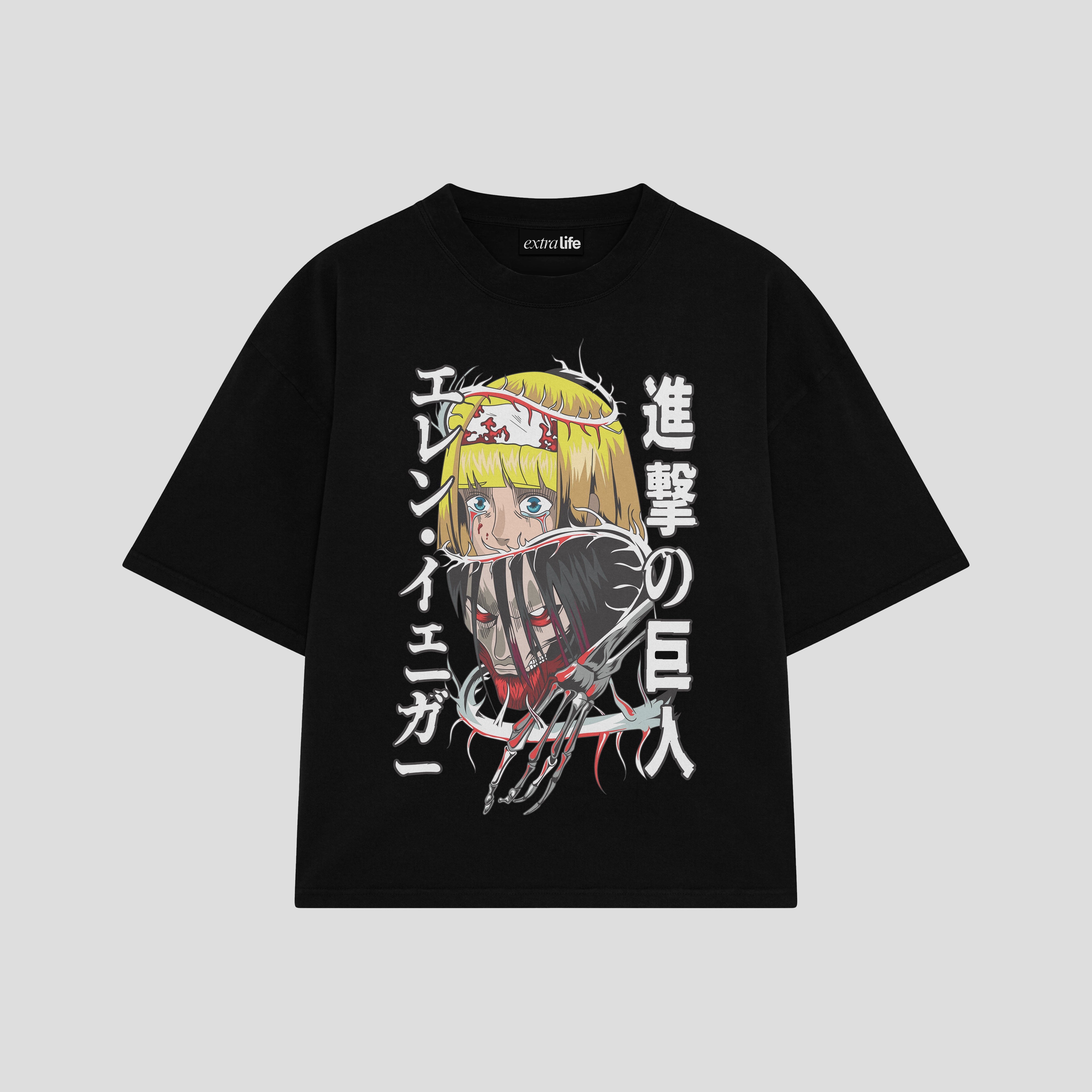 Playera streetwear premium de anime y gaming ExtraLife MX, corte boxy oversized drop shoulder heavyweight en color Deep Black y Off-White, moda urbana mexicana de culto.