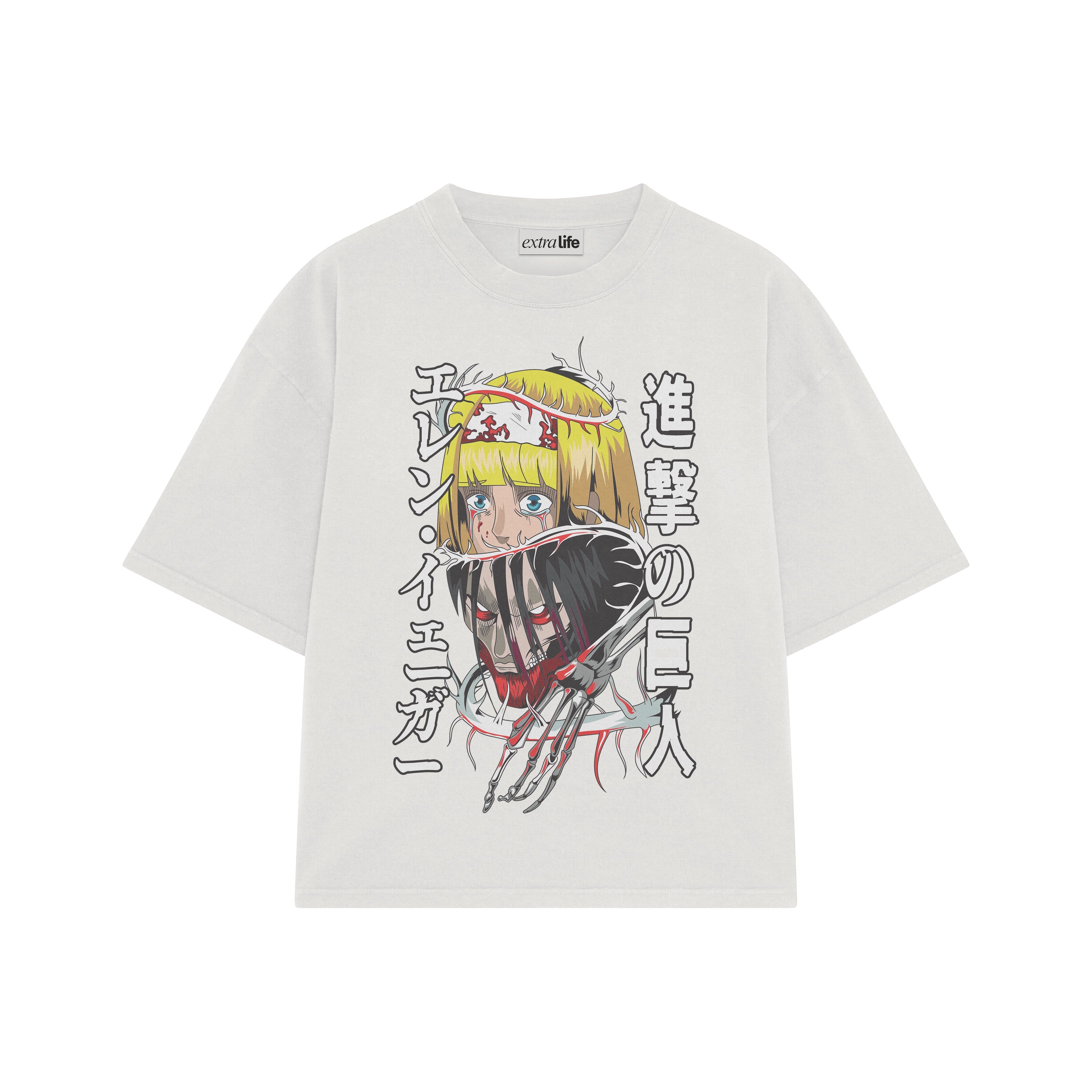 Playera streetwear premium de anime y gaming ExtraLife MX, corte boxy oversized drop shoulder heavyweight en color Deep Black y Off-White, moda urbana mexicana de culto.