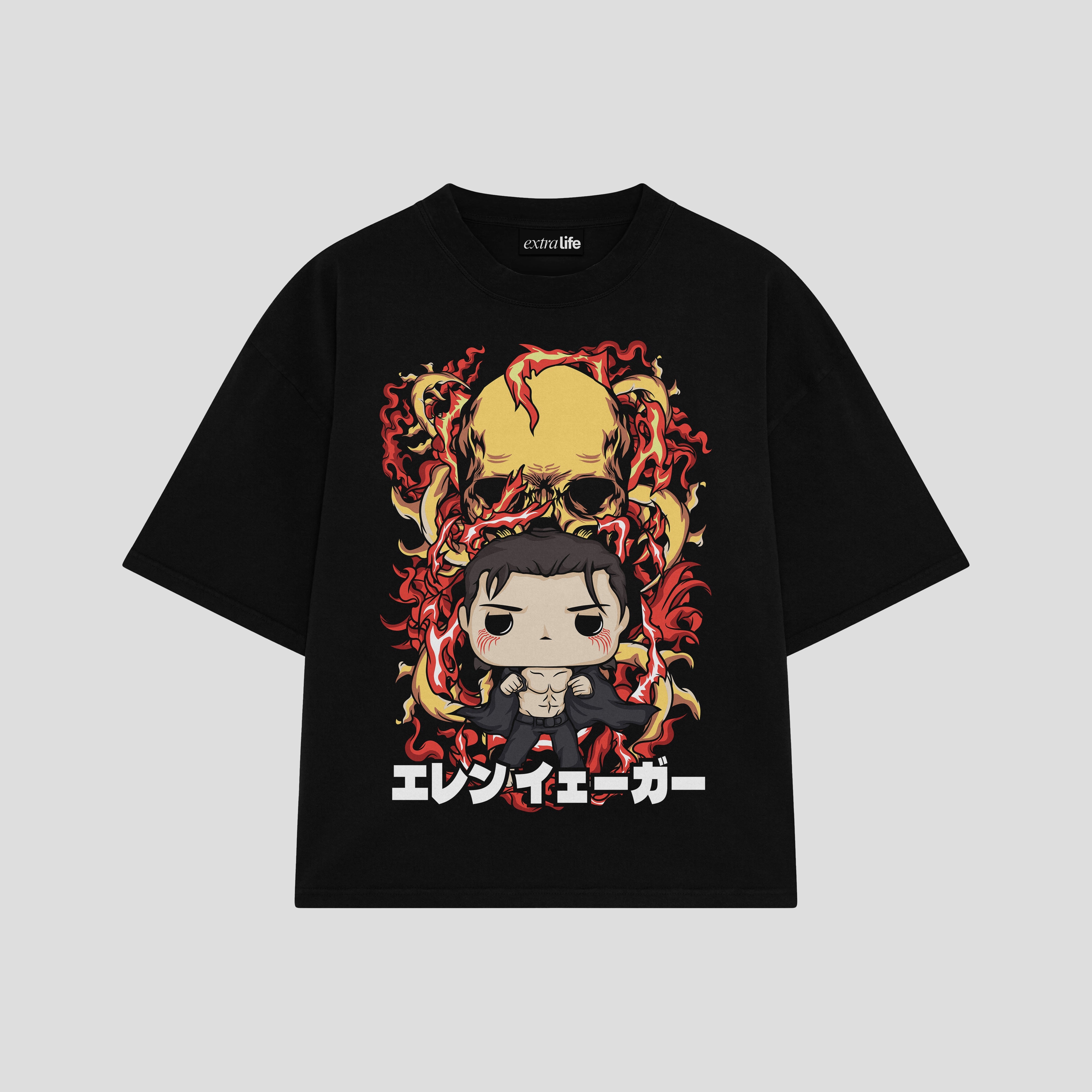 Playera streetwear premium de anime y gaming ExtraLife MX, corte boxy oversized drop shoulder heavyweight en color Deep Black y Off-White, moda urbana mexicana de culto.