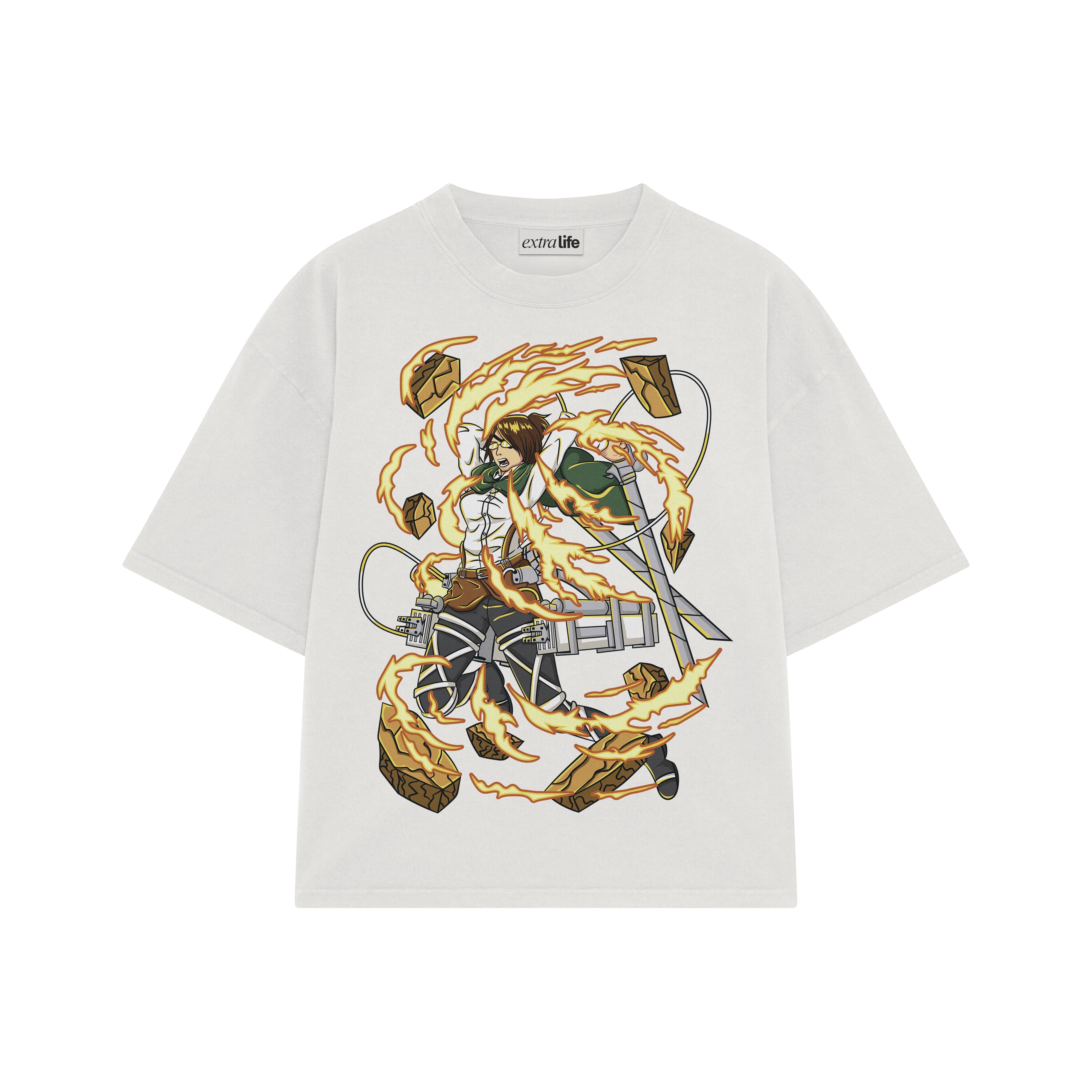 Playera streetwear premium de anime y gaming ExtraLife MX, corte boxy oversized drop shoulder heavyweight en color Deep Black y Off-White, moda urbana mexicana de culto.