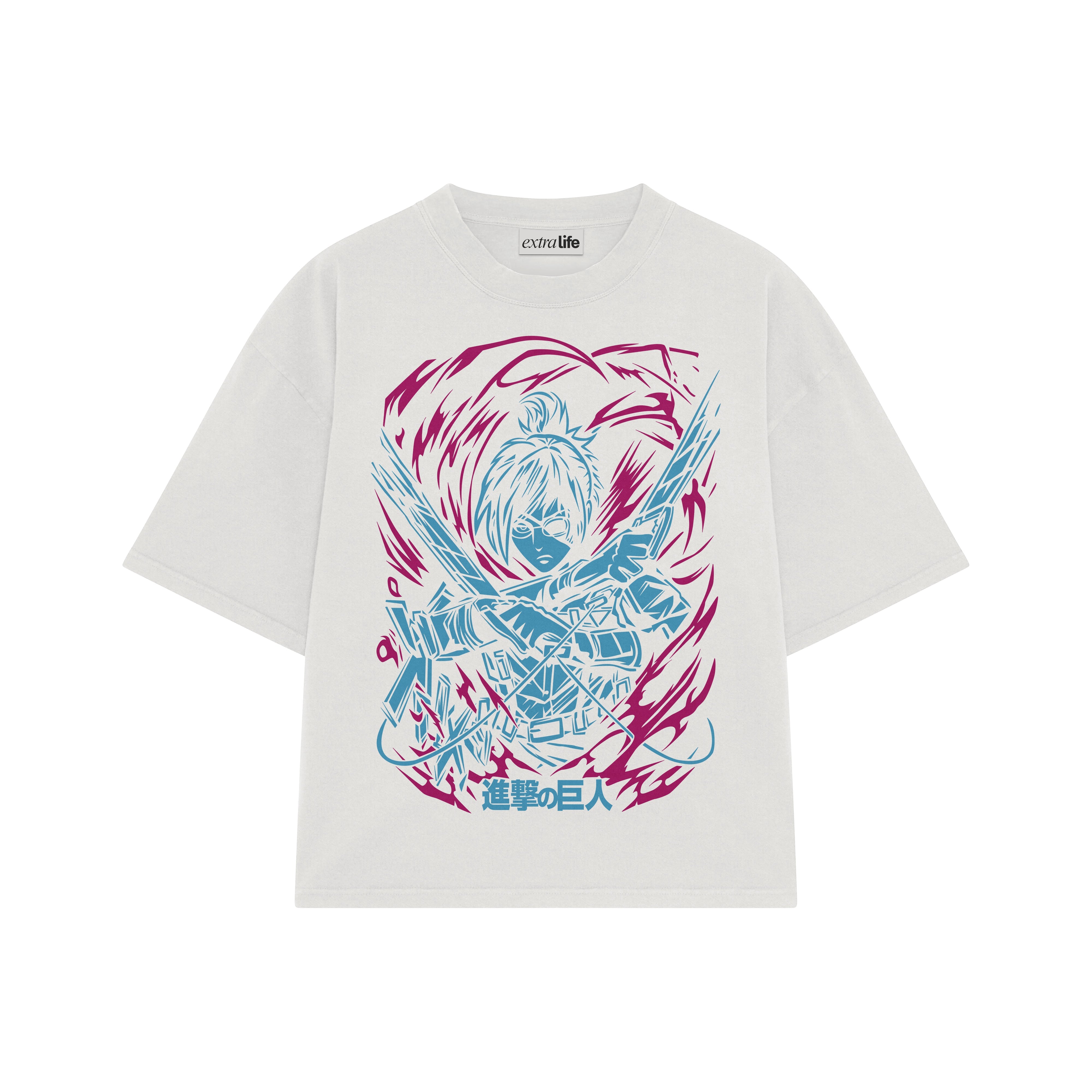 Playera streetwear premium de anime y gaming ExtraLife MX, corte boxy oversized drop shoulder heavyweight en color Deep Black y Off-White, moda urbana mexicana de culto.