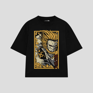 Playera streetwear premium de anime y gaming ExtraLife MX, corte boxy oversized drop shoulder heavyweight en color Deep Black y Off-White, moda urbana mexicana de culto.