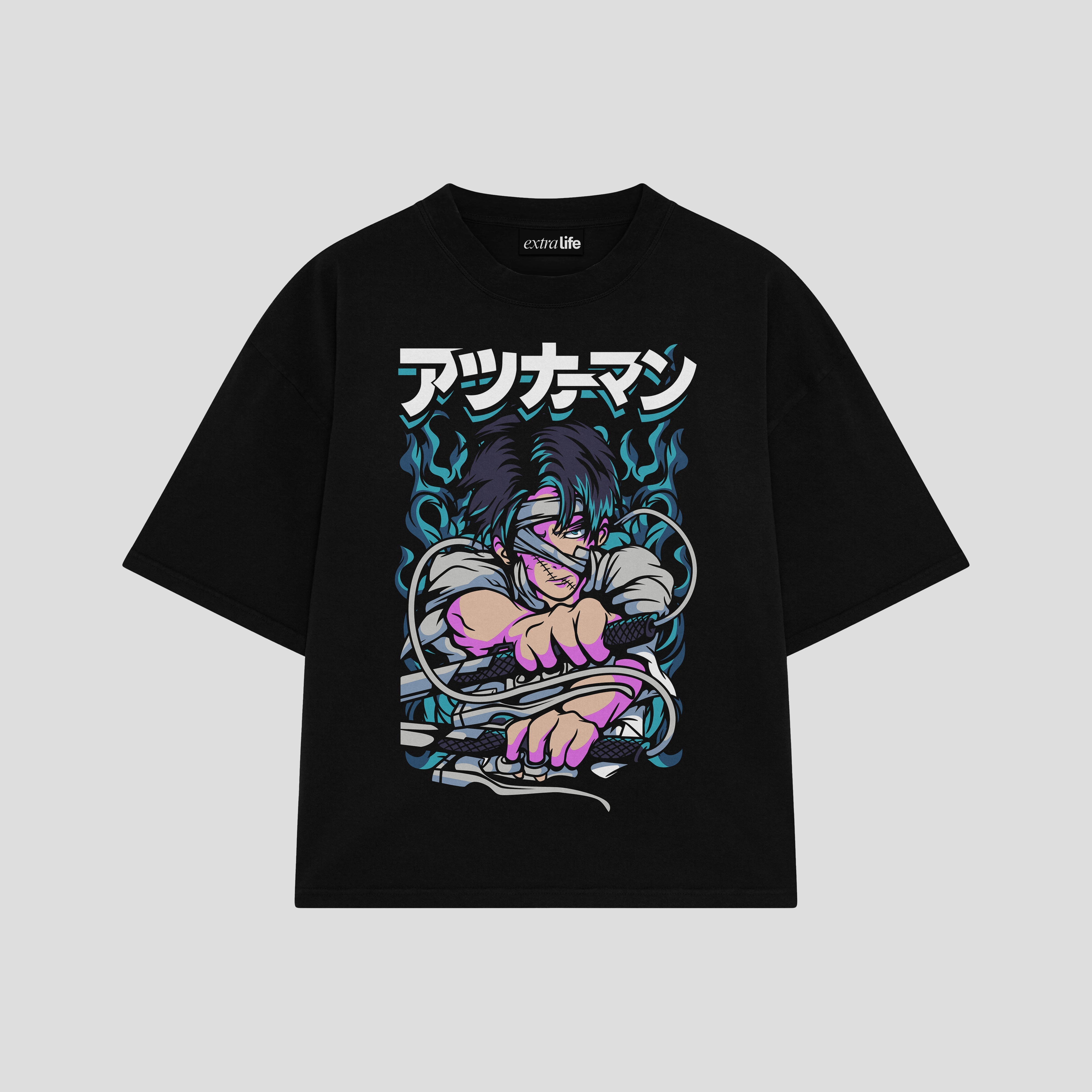 Playera streetwear premium de anime y gaming ExtraLife MX, corte boxy oversized drop shoulder heavyweight en color Deep Black y Off-White, moda urbana mexicana de culto.