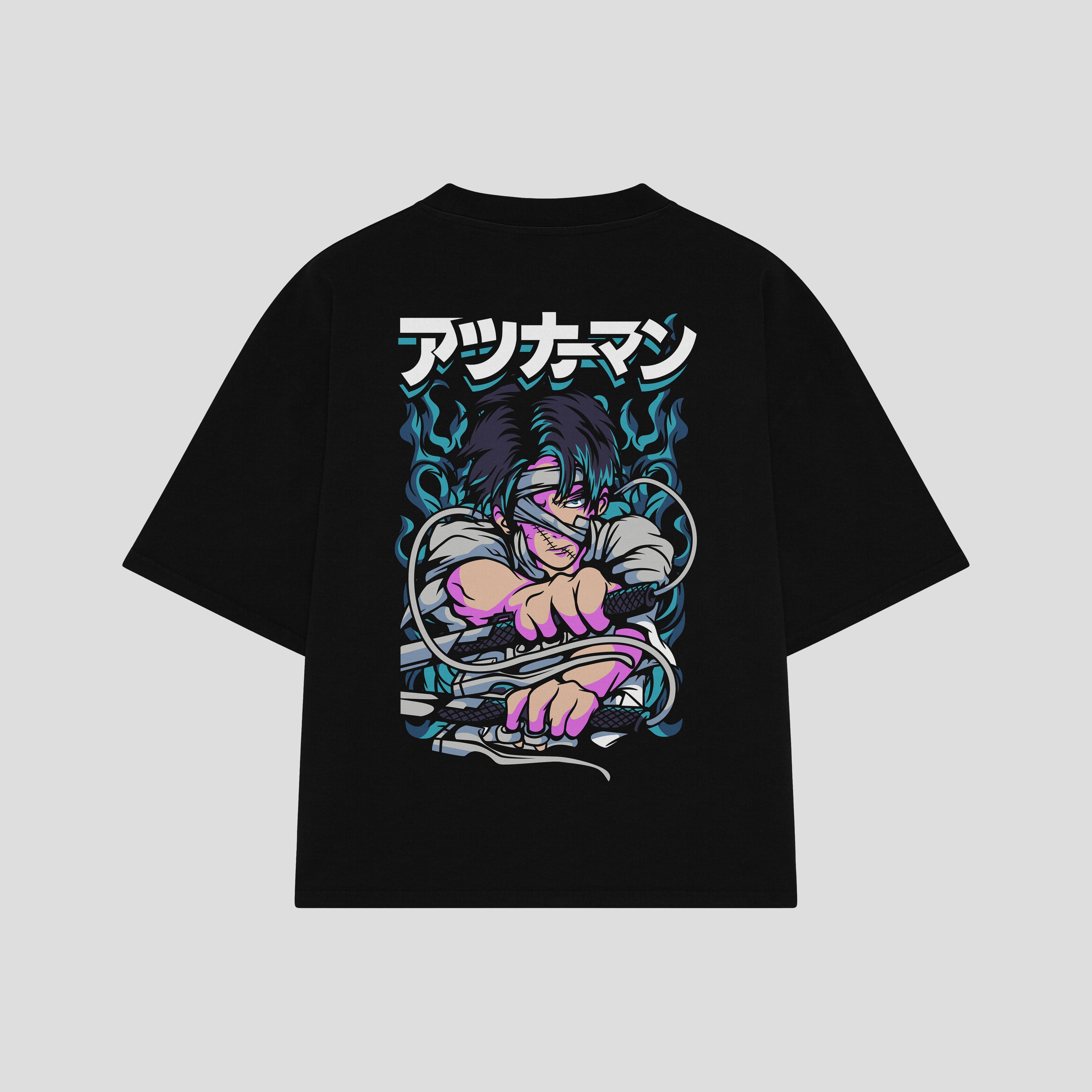 Playera streetwear premium de anime y gaming ExtraLife MX, corte boxy oversized drop shoulder heavyweight en color Deep Black y Off-White, moda urbana mexicana de culto.