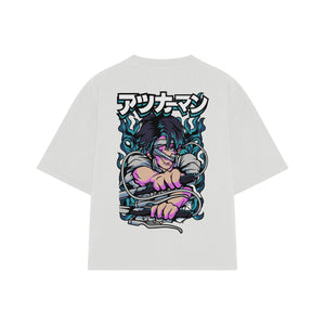 Playera streetwear premium de anime y gaming ExtraLife MX, corte boxy oversized drop shoulder heavyweight en color Deep Black y Off-White, moda urbana mexicana de culto.