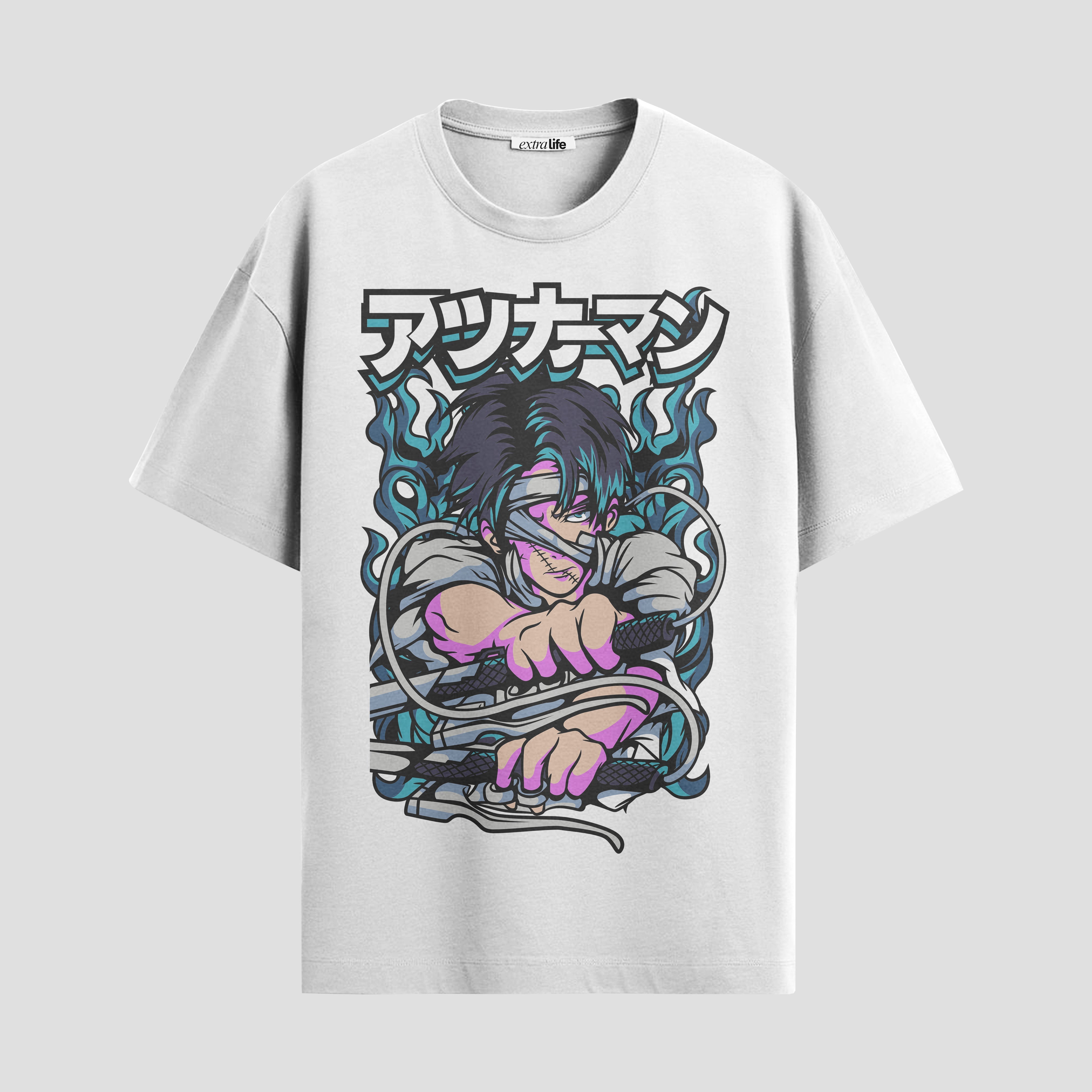 Playera urbana de anime y gaming ExtraLife MX, corte Standard Fit unisex ligero y transpirable en color Deep Black y Pure White, ropa de uso diario para gym y casual.