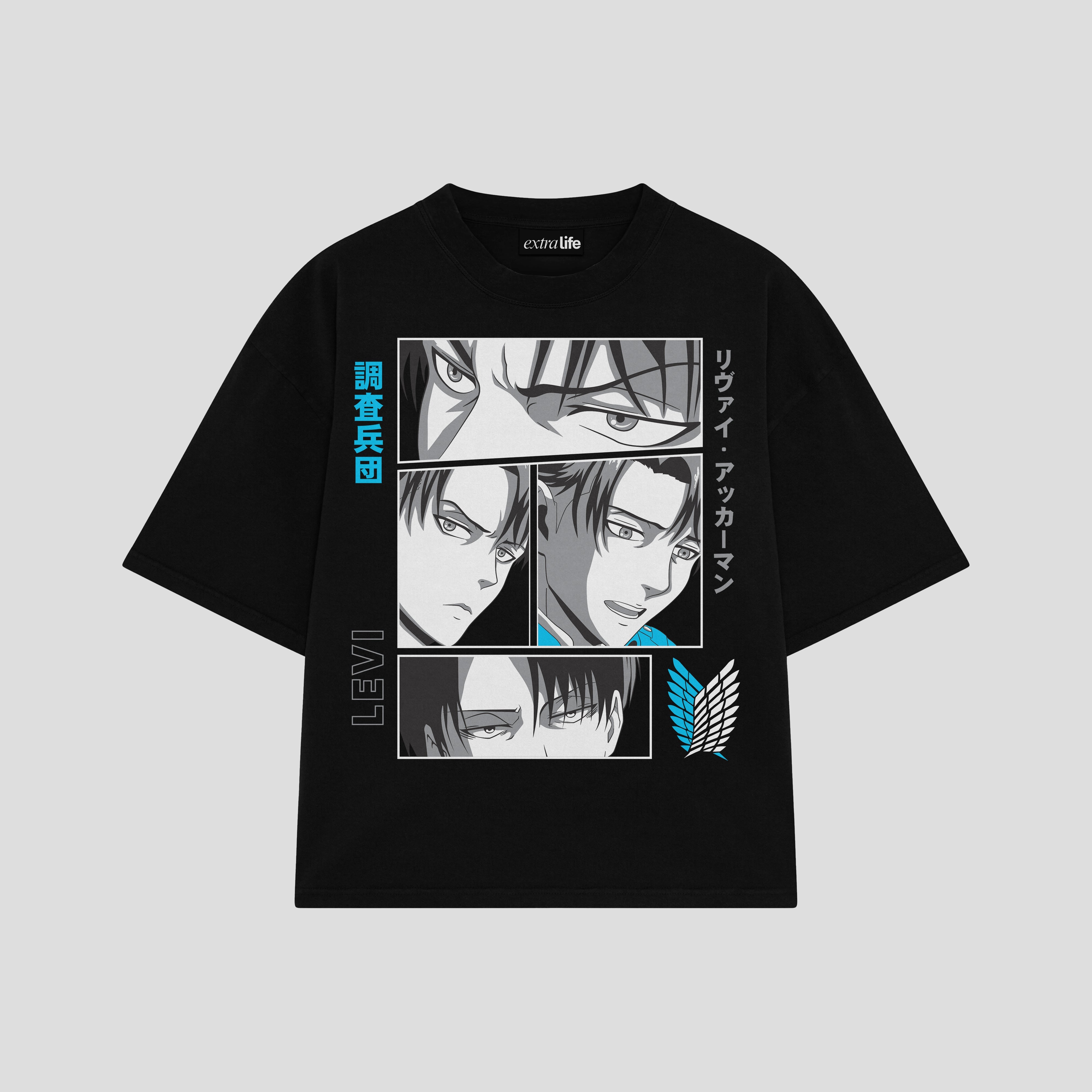 Playera streetwear premium de anime y gaming ExtraLife MX, corte boxy oversized drop shoulder heavyweight en color Deep Black y Off-White, moda urbana mexicana de culto.