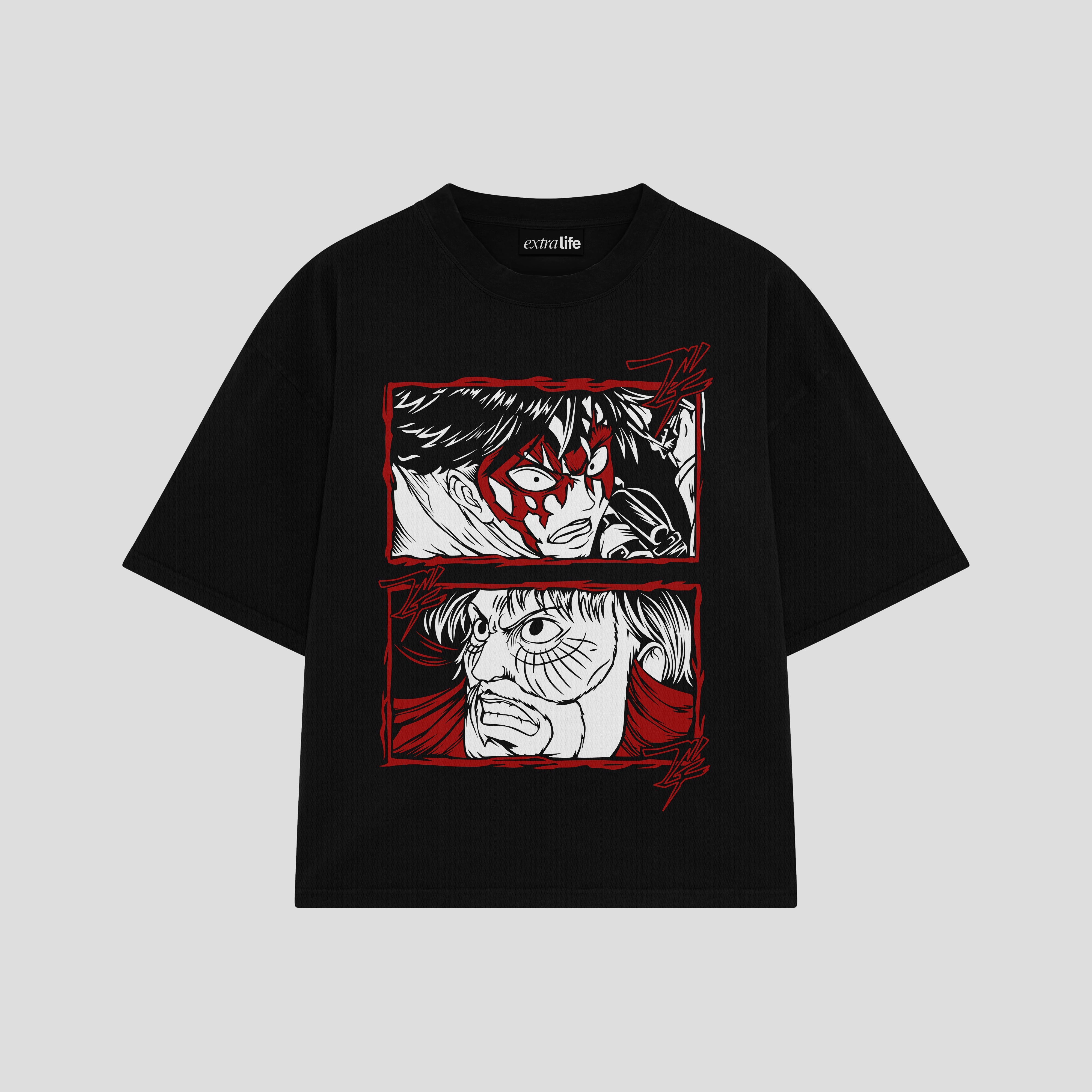 Playera streetwear premium de anime y gaming ExtraLife MX, corte boxy oversized drop shoulder heavyweight en color Deep Black y Off-White, moda urbana mexicana de culto.