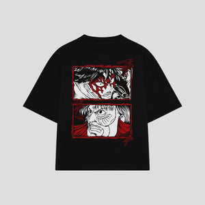 Playera streetwear premium de anime y gaming ExtraLife MX, corte boxy oversized drop shoulder heavyweight en color Deep Black y Off-White, moda urbana mexicana de culto.