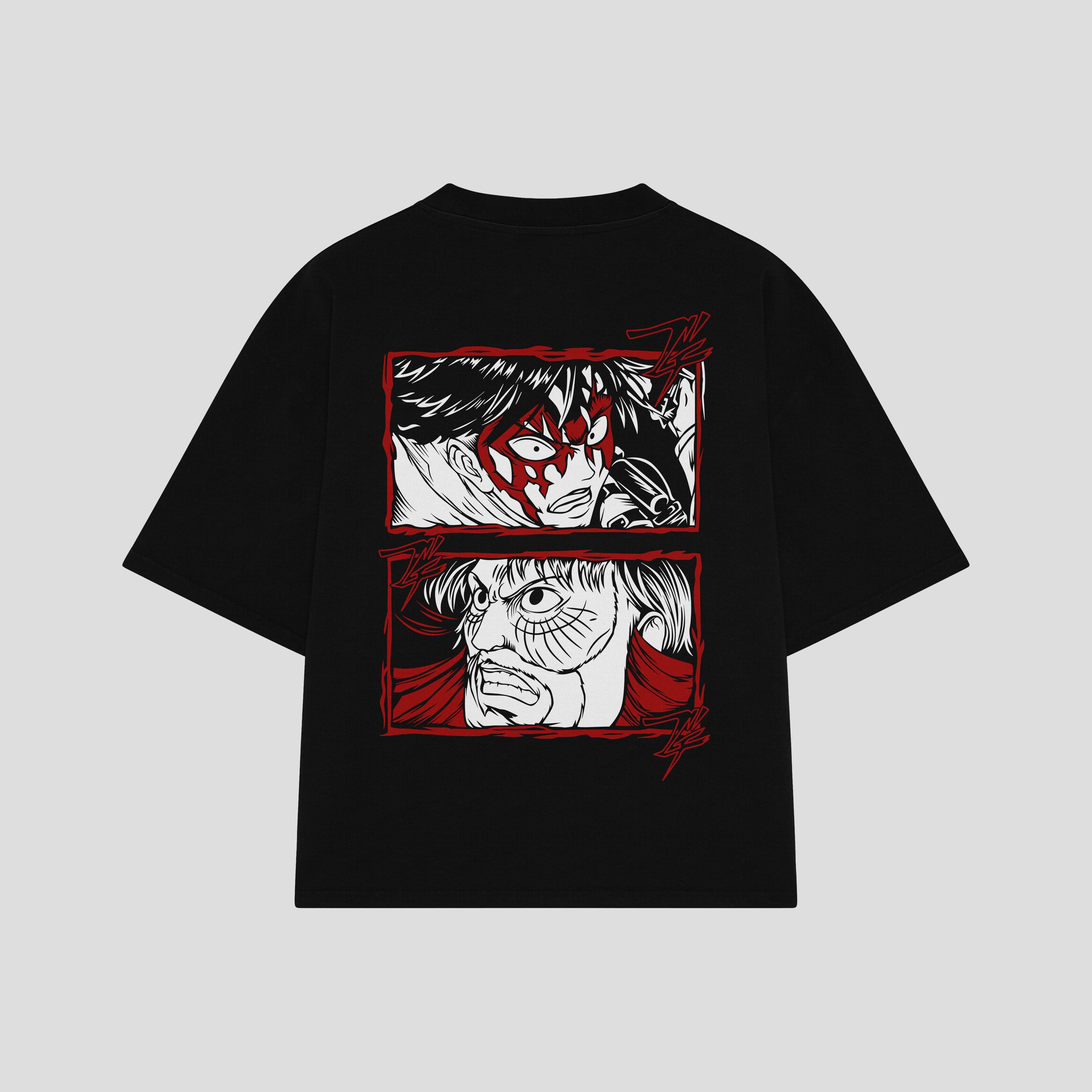Playera streetwear premium de anime y gaming ExtraLife MX, corte boxy oversized drop shoulder heavyweight en color Deep Black y Off-White, moda urbana mexicana de culto.
