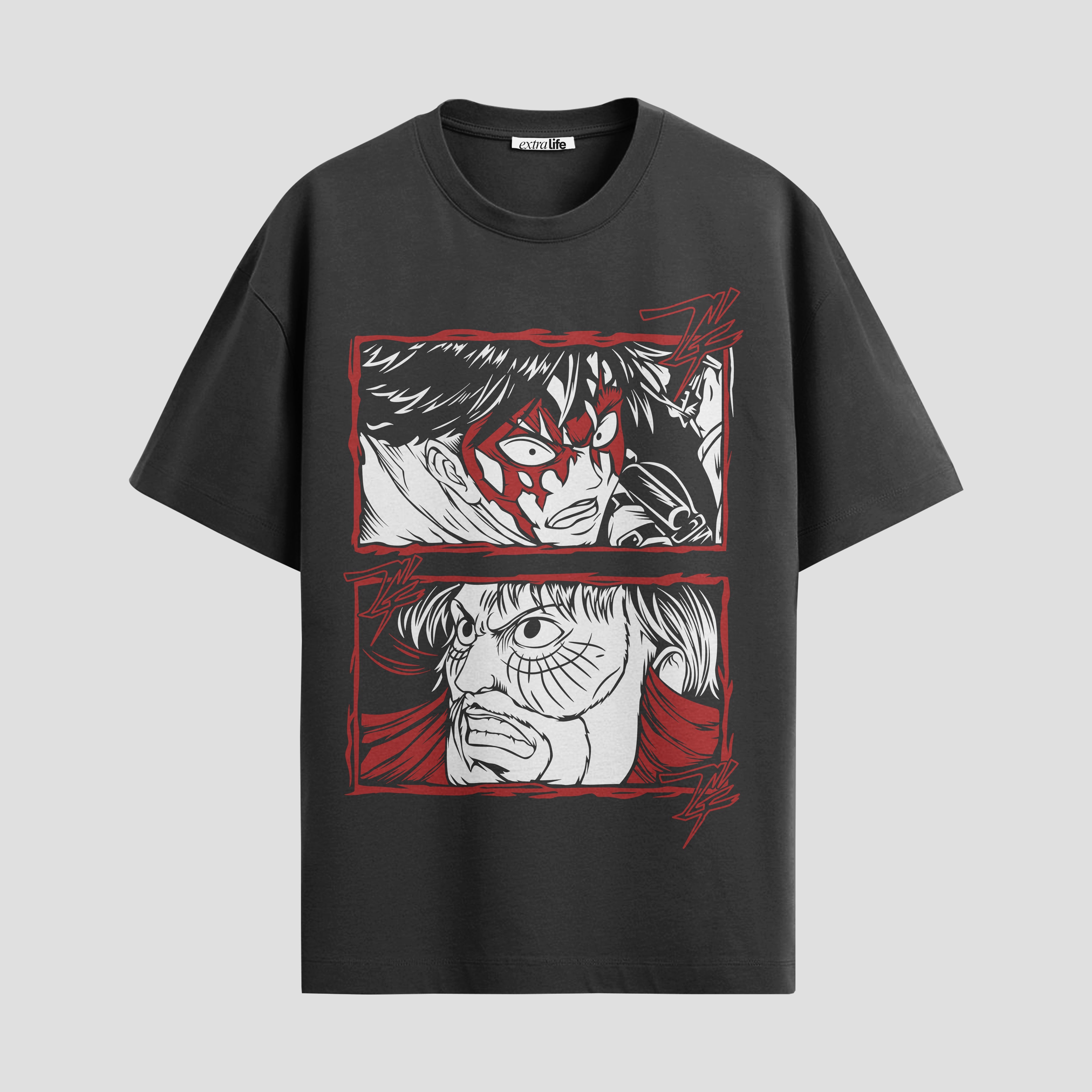 Playera urbana de anime y gaming ExtraLife MX, corte Standard Fit unisex ligero y transpirable en color Deep Black y Pure White, ropa de uso diario para gym y casual.