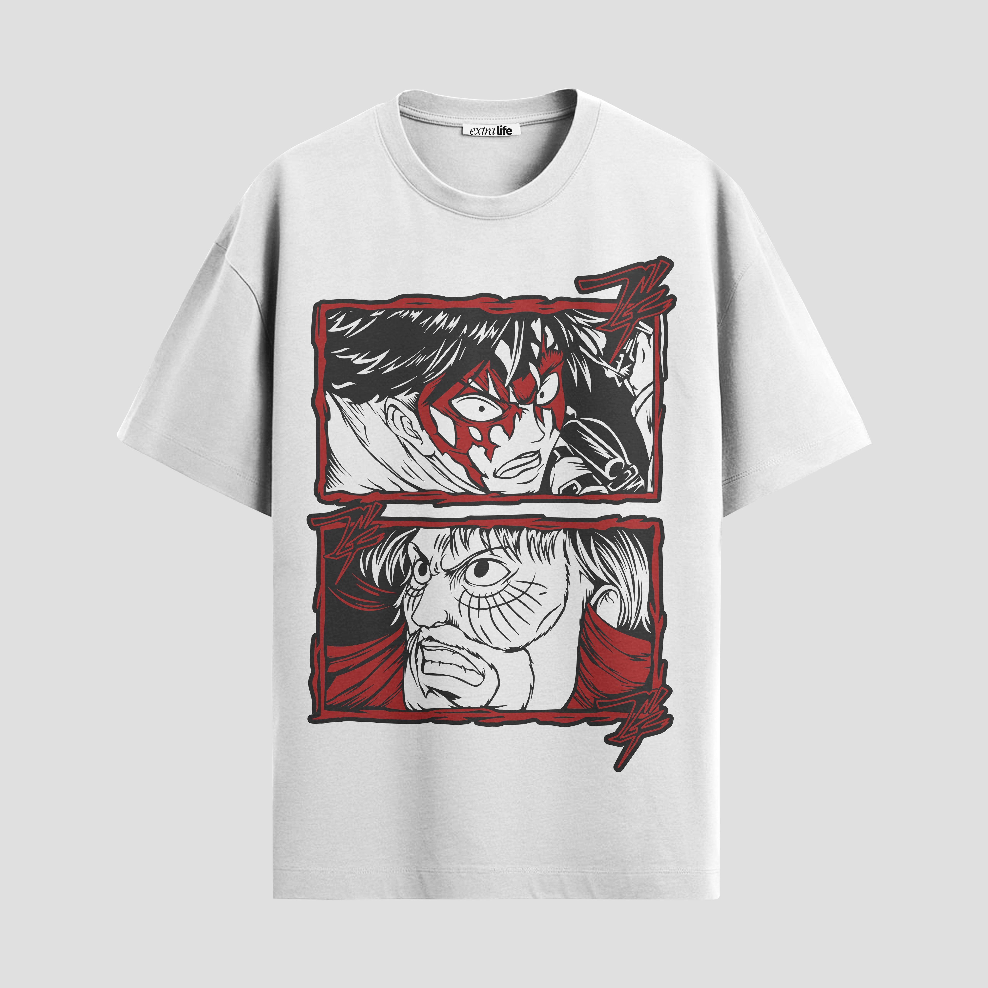 Playera urbana de anime y gaming ExtraLife MX, corte Standard Fit unisex ligero y transpirable en color Deep Black y Pure White, ropa de uso diario para gym y casual.