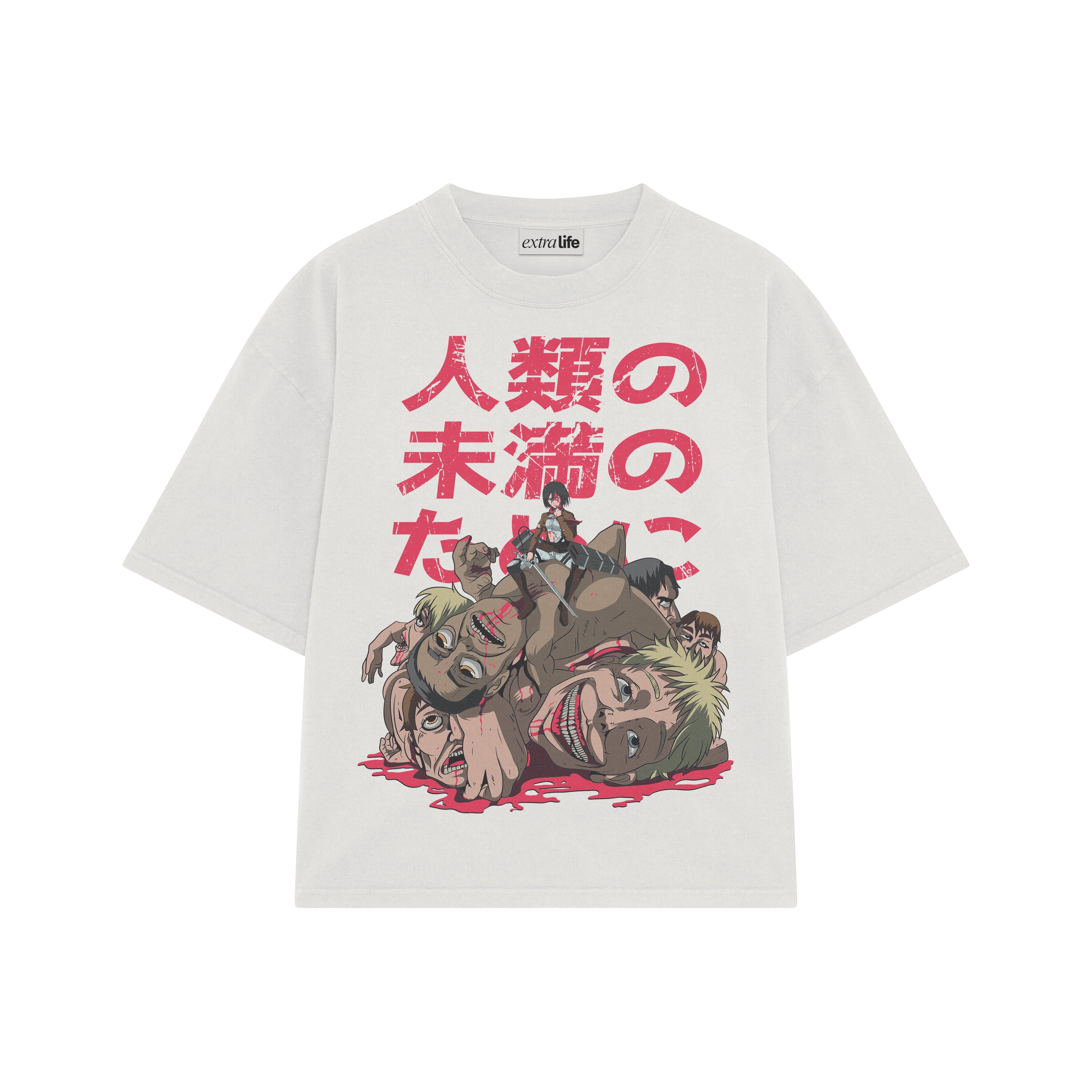 Playera streetwear premium de anime y gaming ExtraLife MX, corte boxy oversized drop shoulder heavyweight en color Deep Black y Off-White, moda urbana mexicana de culto.