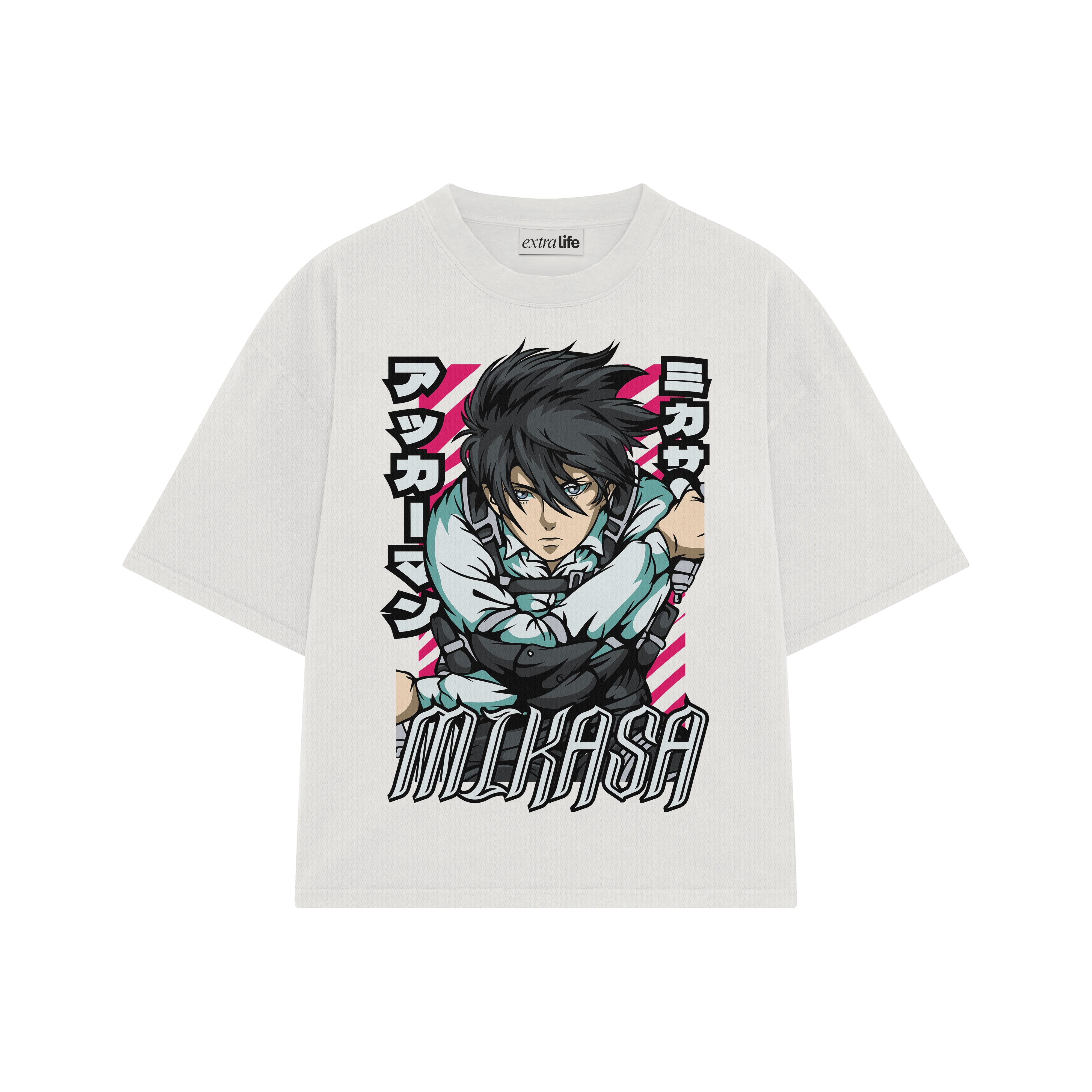 Playera streetwear premium de anime y gaming ExtraLife MX, corte boxy oversized drop shoulder heavyweight en color Deep Black y Off-White, moda urbana mexicana de culto.